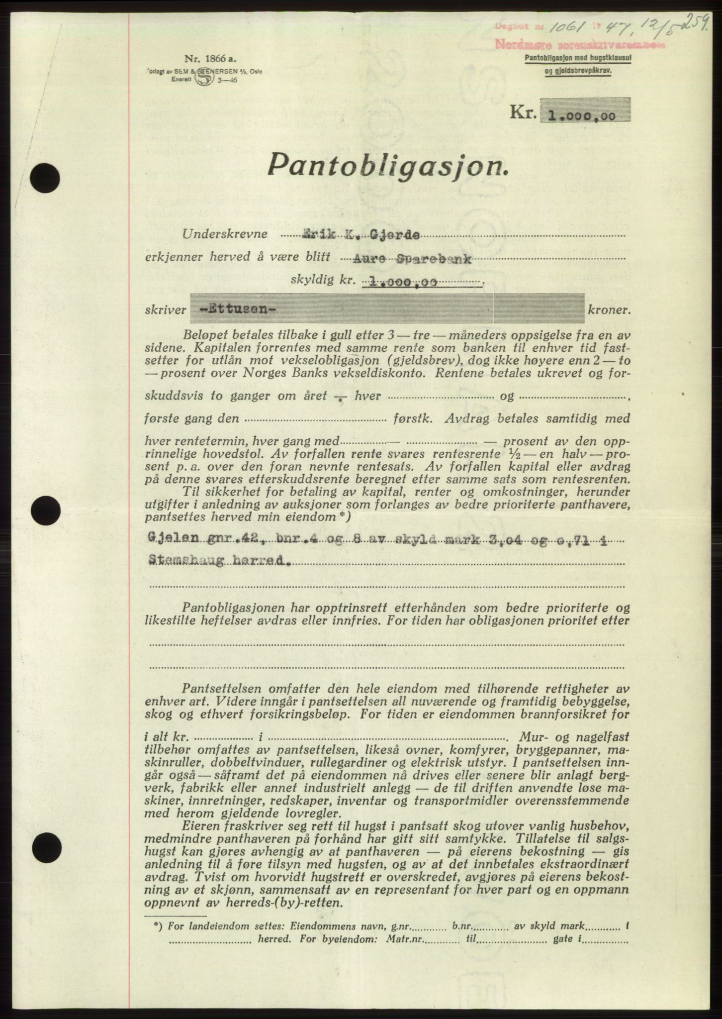 Nordmøre sorenskriveri, AV/SAT-A-4132/1/2/2Ca: Pantebok nr. B96, 1947-1947, Dagboknr: 1061/1947