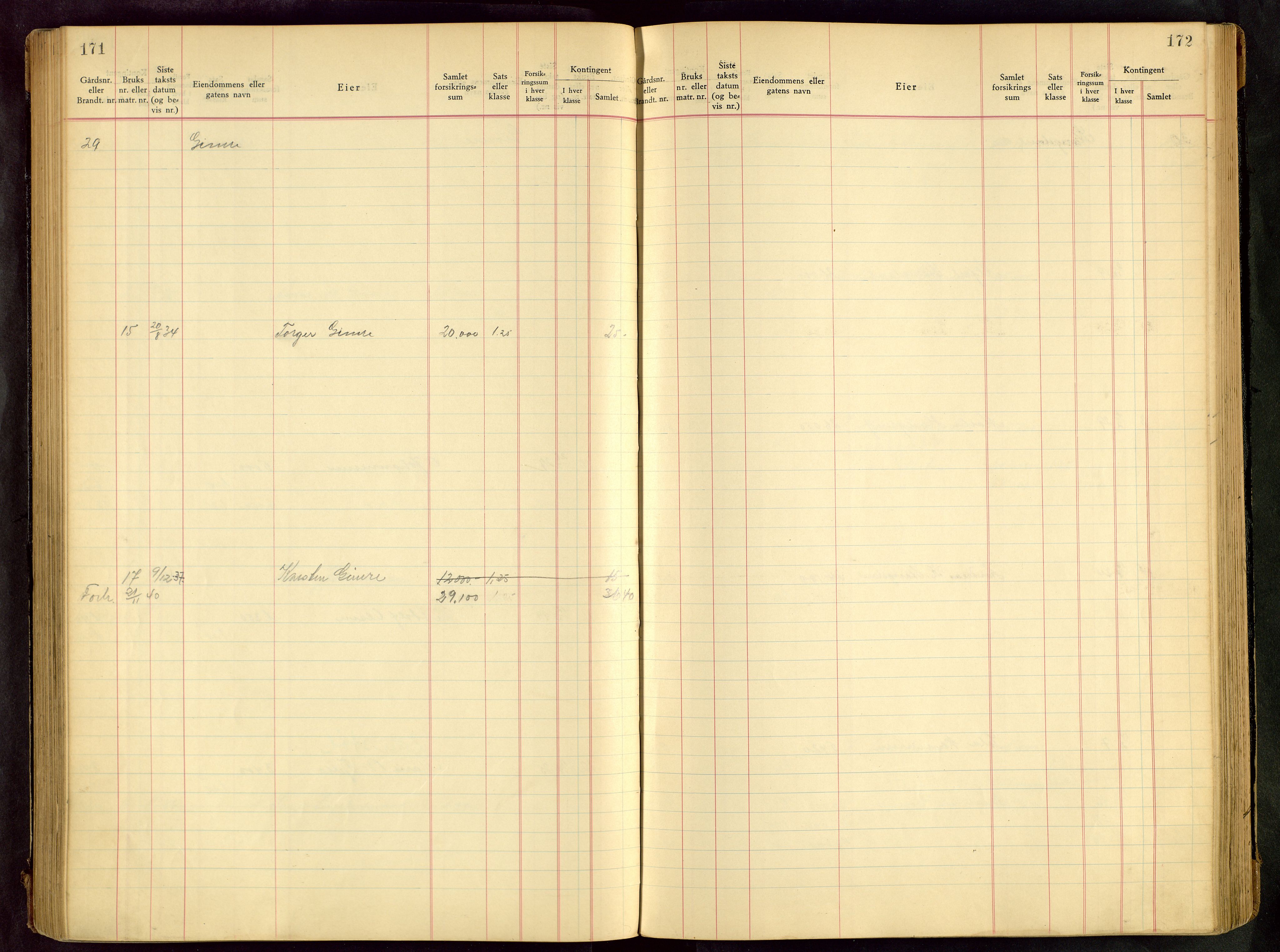 Håland lensmannskontor, SAST/A-100100/Goa/L0001: Beregningsprotokoll brannforsikring, 1932-1947, s. 171-172