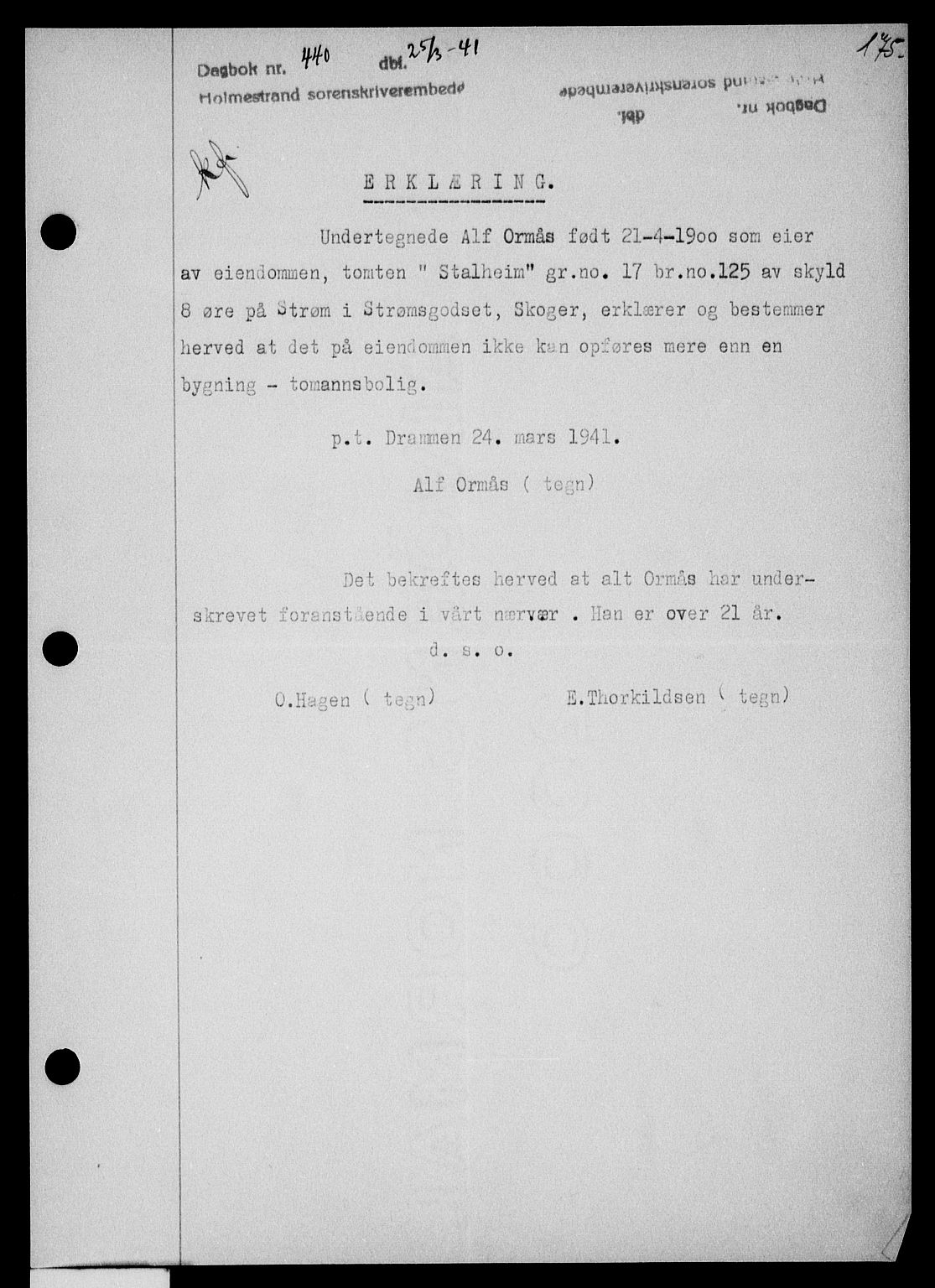 Holmestrand sorenskriveri, SAKO/A-67/G/Ga/Gaa/L0053: Pantebok nr. A-53, 1941-1941, Dagboknr: 440/1941