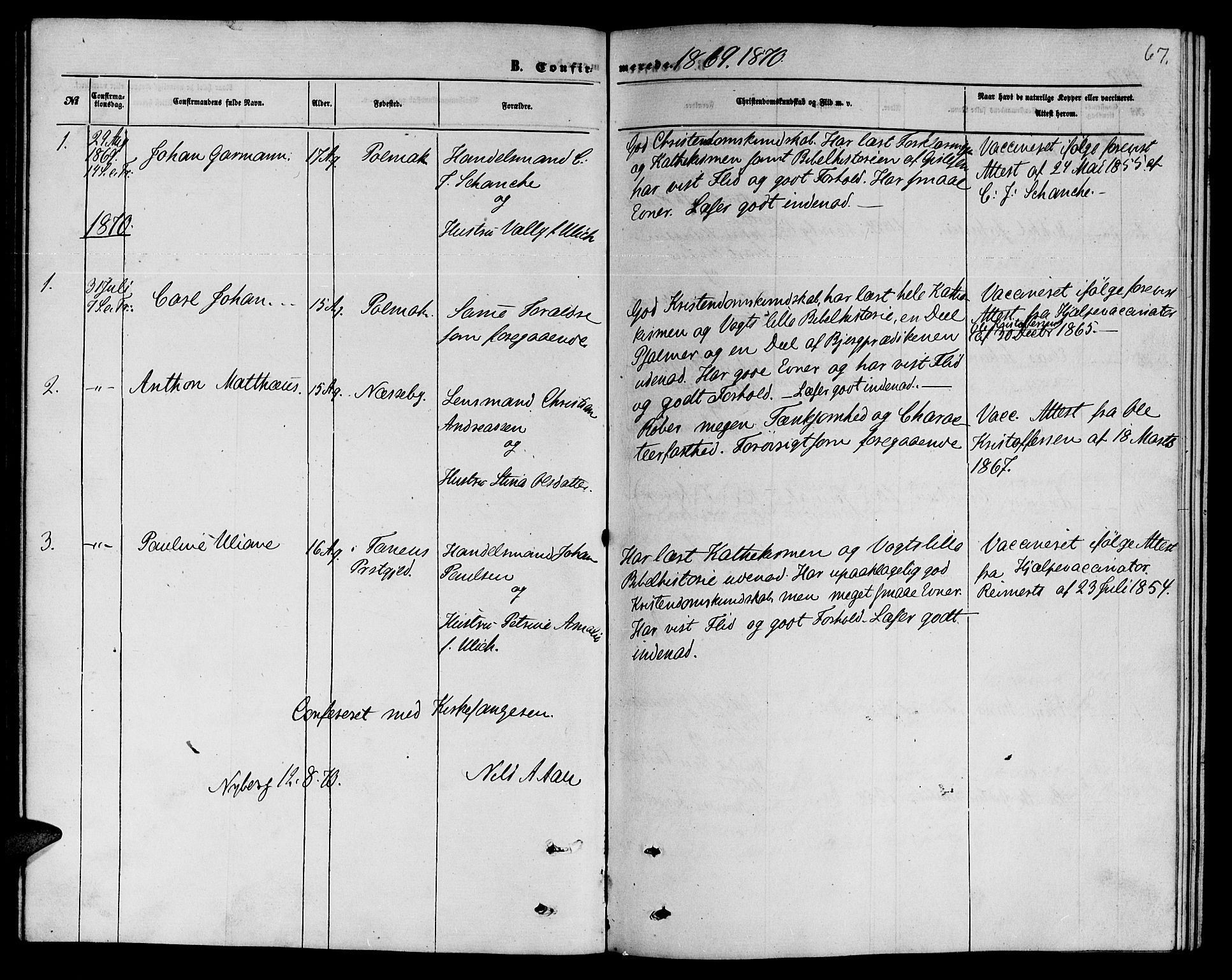 Nesseby sokneprestkontor, AV/SATØ-S-1330/H/Hb/L0006klokker: Klokkerbok nr. 6, 1860-1876, s. 67