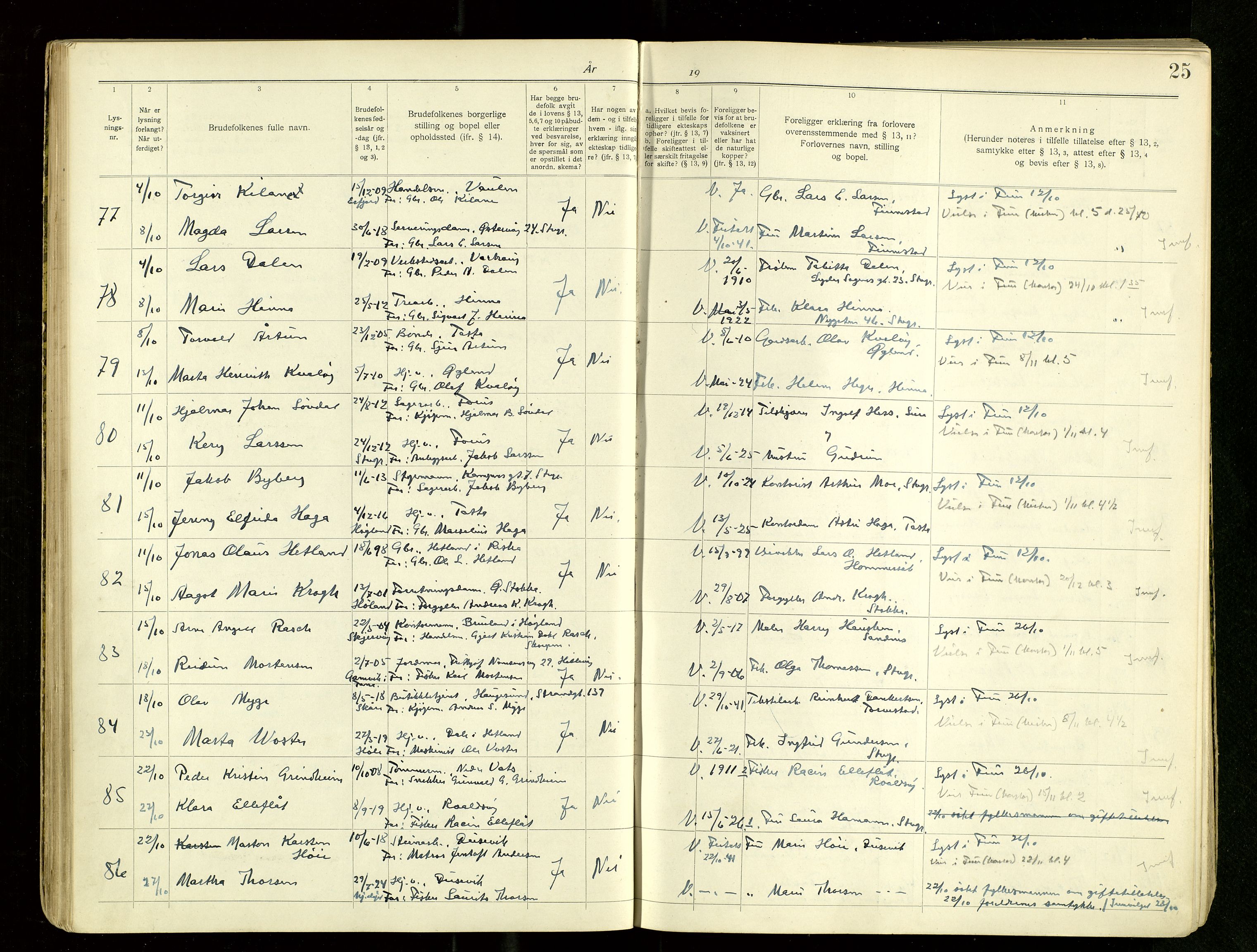 Hetland sokneprestkontor, AV/SAST-A-101826/70/705BA/L0007: Lysningsprotokoll nr. 7, 1939-1951, s. 25
