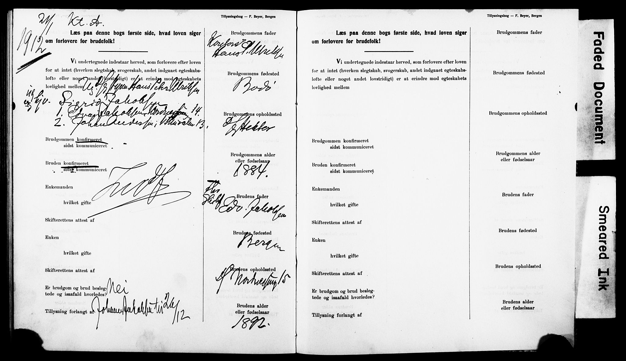Nykirken Sokneprestembete, SAB/A-77101: Forlovererklæringer nr. II.5.5, 1907-1912, s. 381