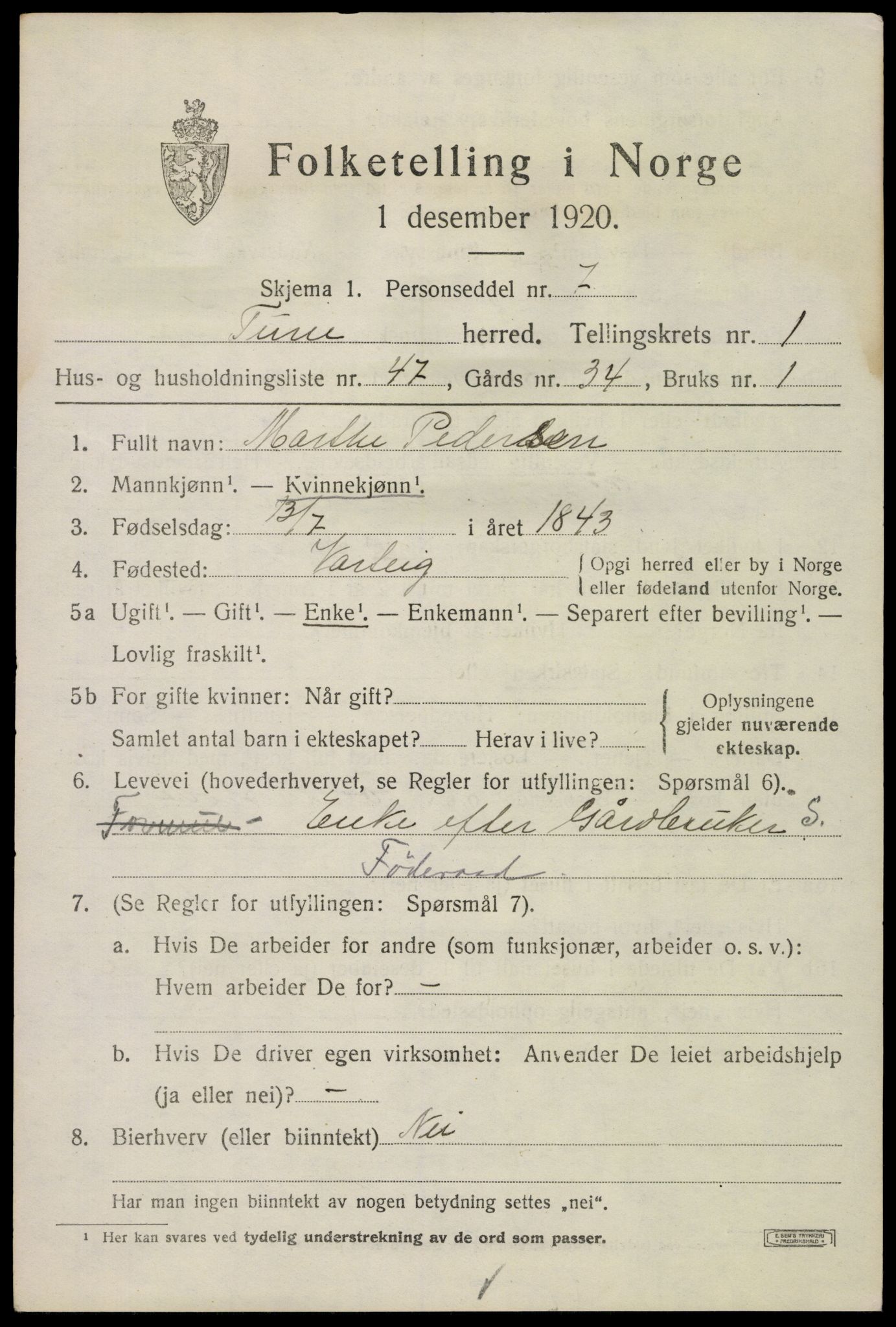 SAO, Folketelling 1920 for 0130 Tune herred, 1920, s. 2860