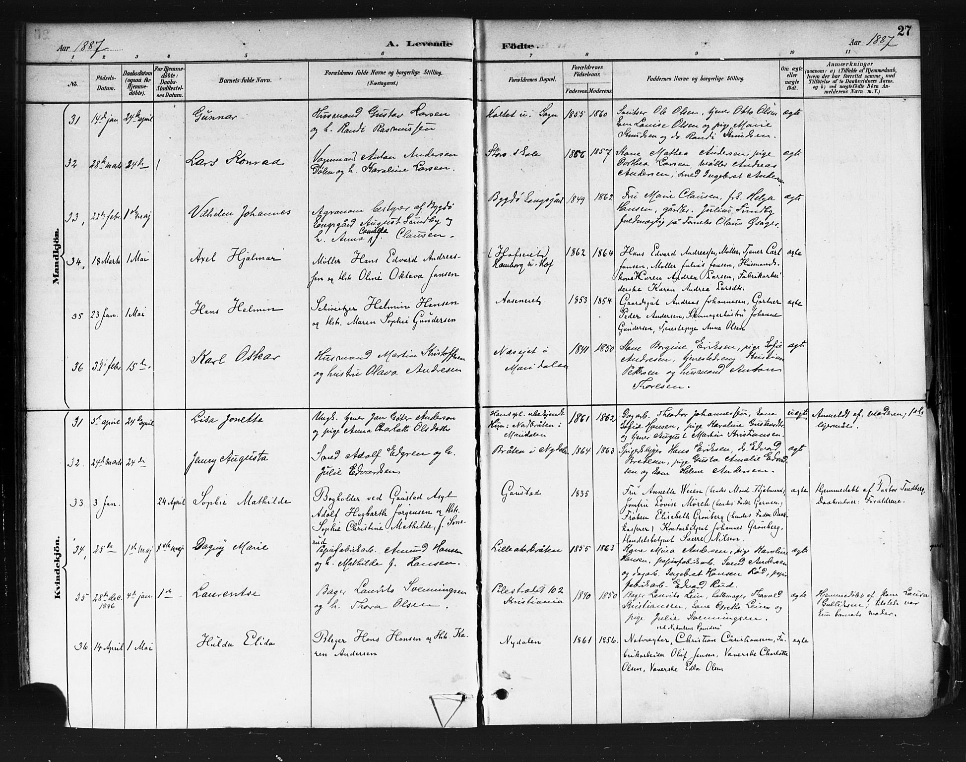 Vestre Aker prestekontor Kirkebøker, AV/SAO-A-10025/F/Fa/L0010: Ministerialbok nr. 10, 1886-1903, s. 27