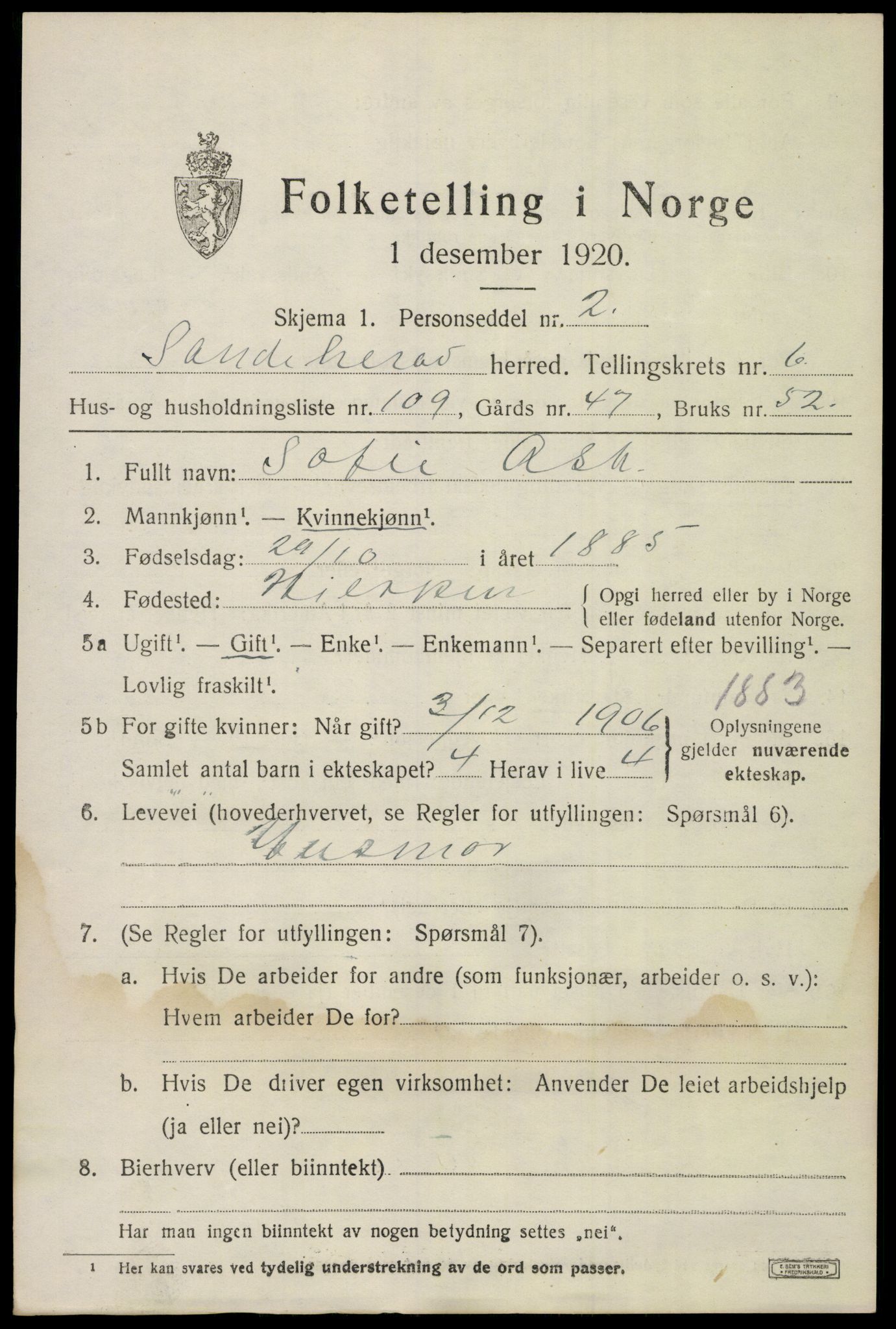 SAKO, Folketelling 1920 for 0724 Sandeherred herred, 1920, s. 11062