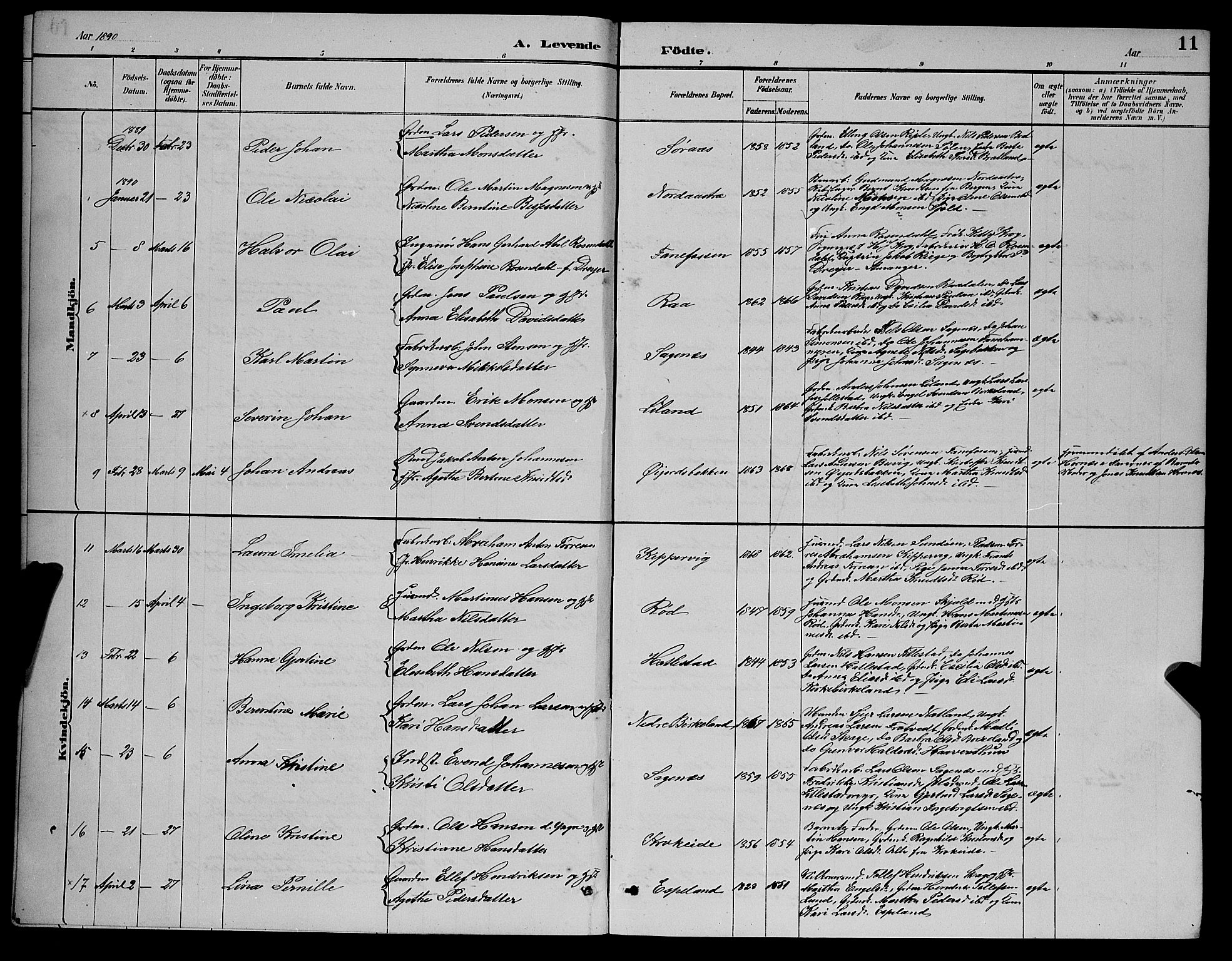 Fana Sokneprestembete, AV/SAB-A-75101/H/Hab/Haba/L0002: Klokkerbok nr. A 2, 1889-1895, s. 11