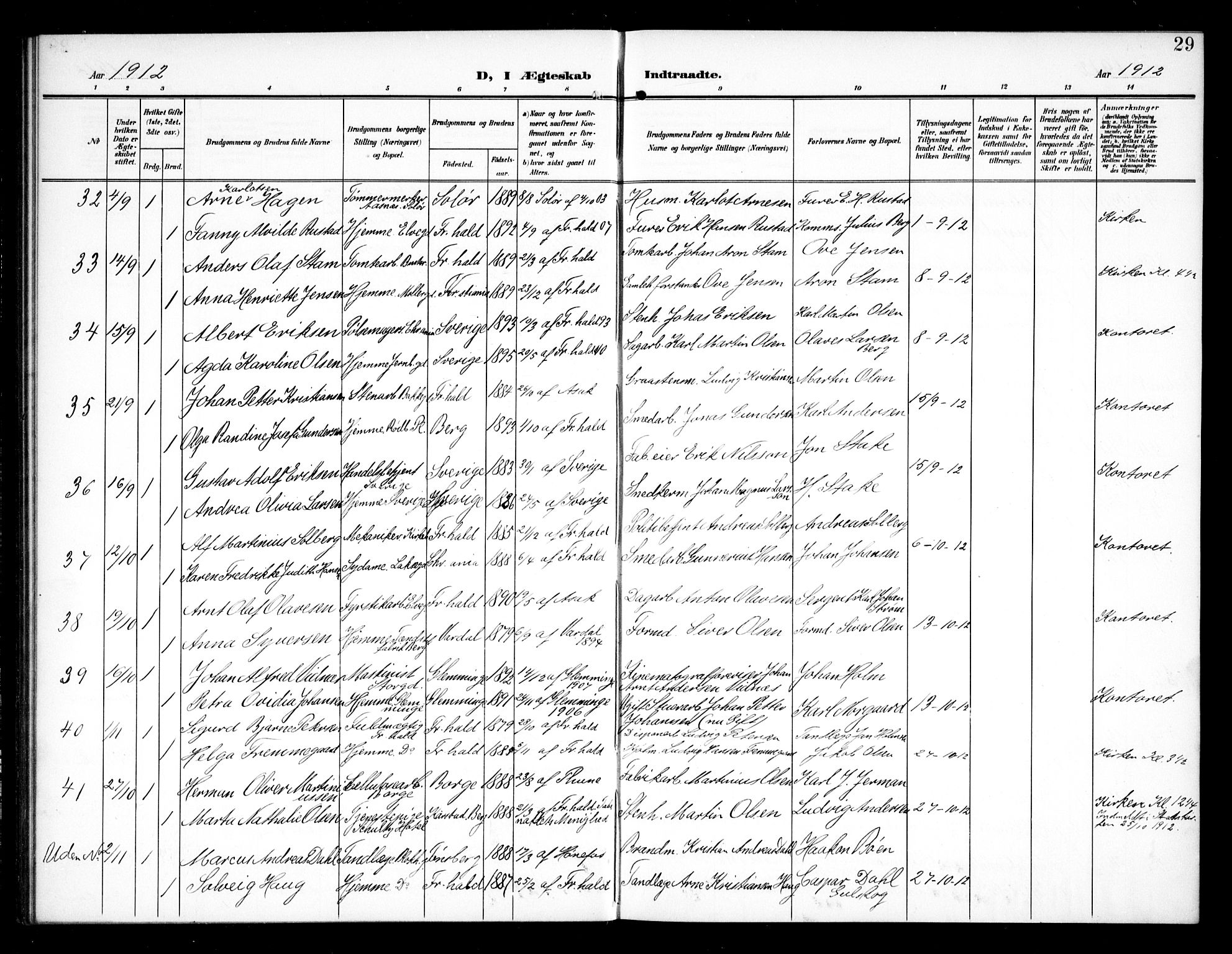 Halden prestekontor Kirkebøker, AV/SAO-A-10909/G/Ga/L0011: Klokkerbok nr. 11, 1906-1934, s. 29