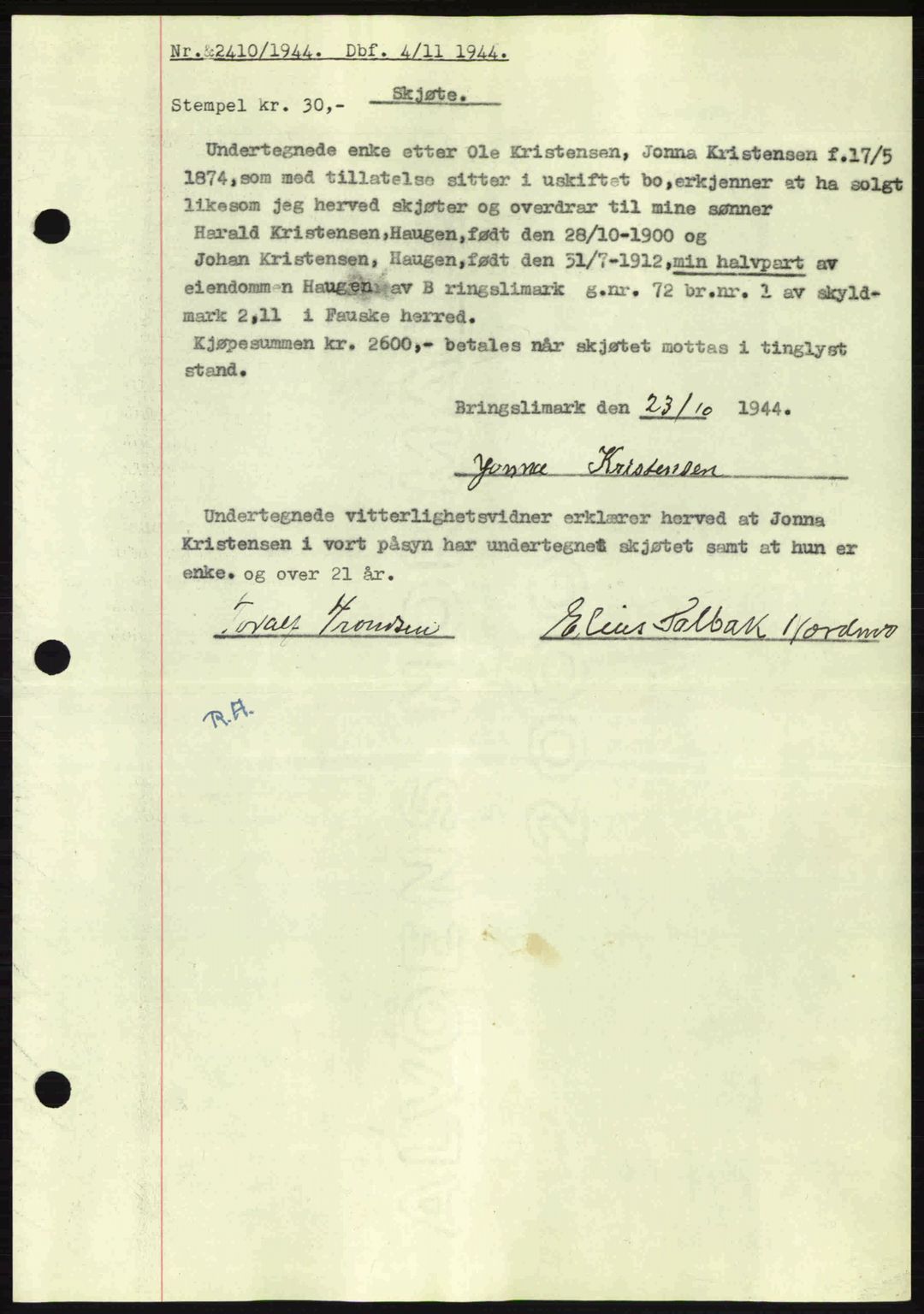 Salten sorenskriveri, SAT/A-4578/1/2/2C: Pantebok nr. A14-15, 1943-1945, Dagboknr: 2410/1944