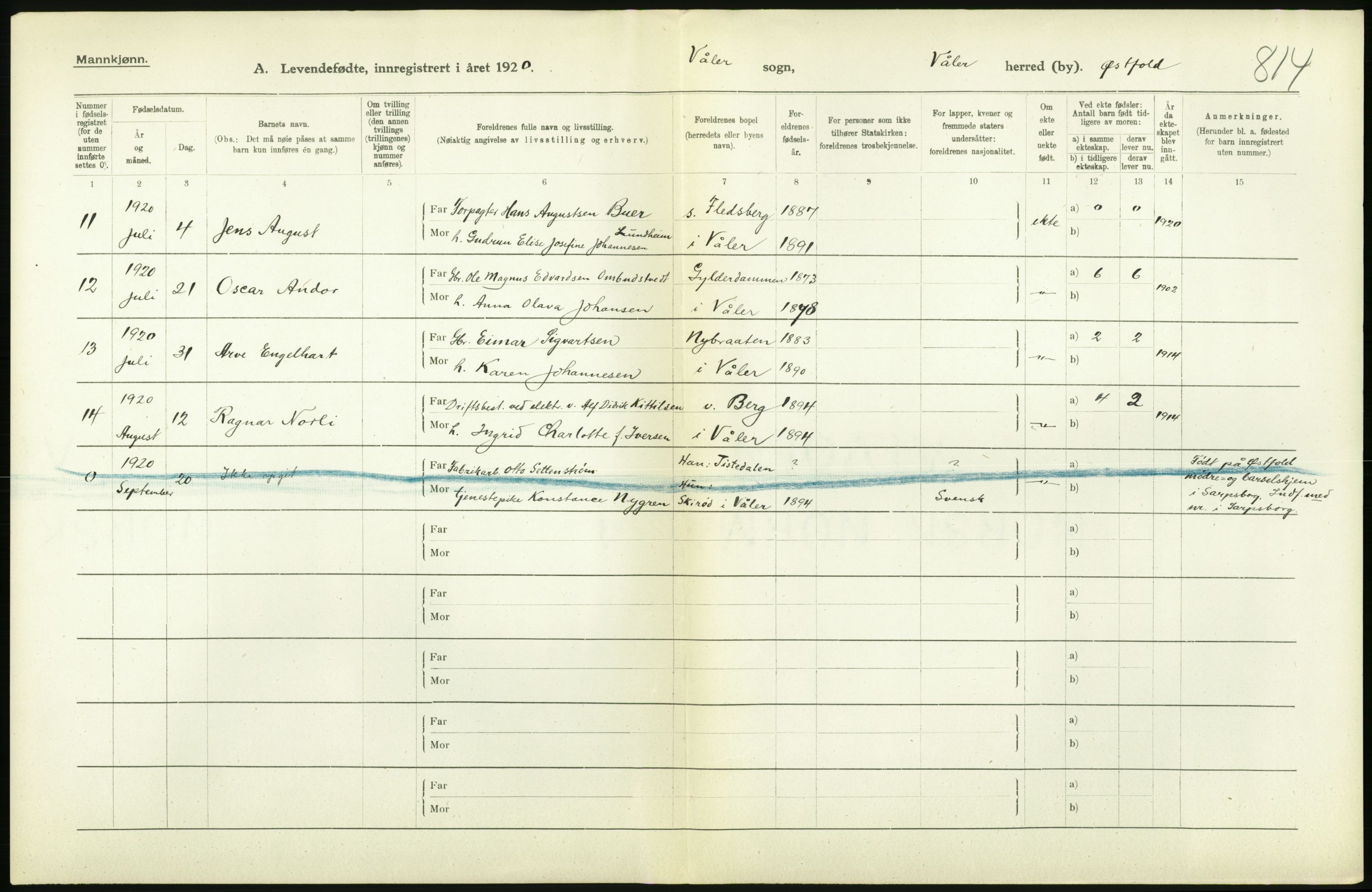 Statistisk sentralbyrå, Sosiodemografiske emner, Befolkning, RA/S-2228/D/Df/Dfb/Dfbj/L0001: Østfold fylke: Levendefødte menn og kvinner. Bygder., 1920, s. 16