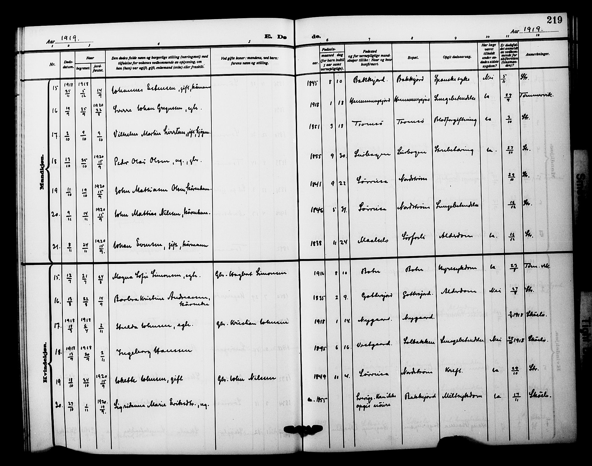 Tranøy sokneprestkontor, AV/SATØ-S-1313/I/Ia/Iab/L0023klokker: Klokkerbok nr. 23, 1913-1928, s. 219