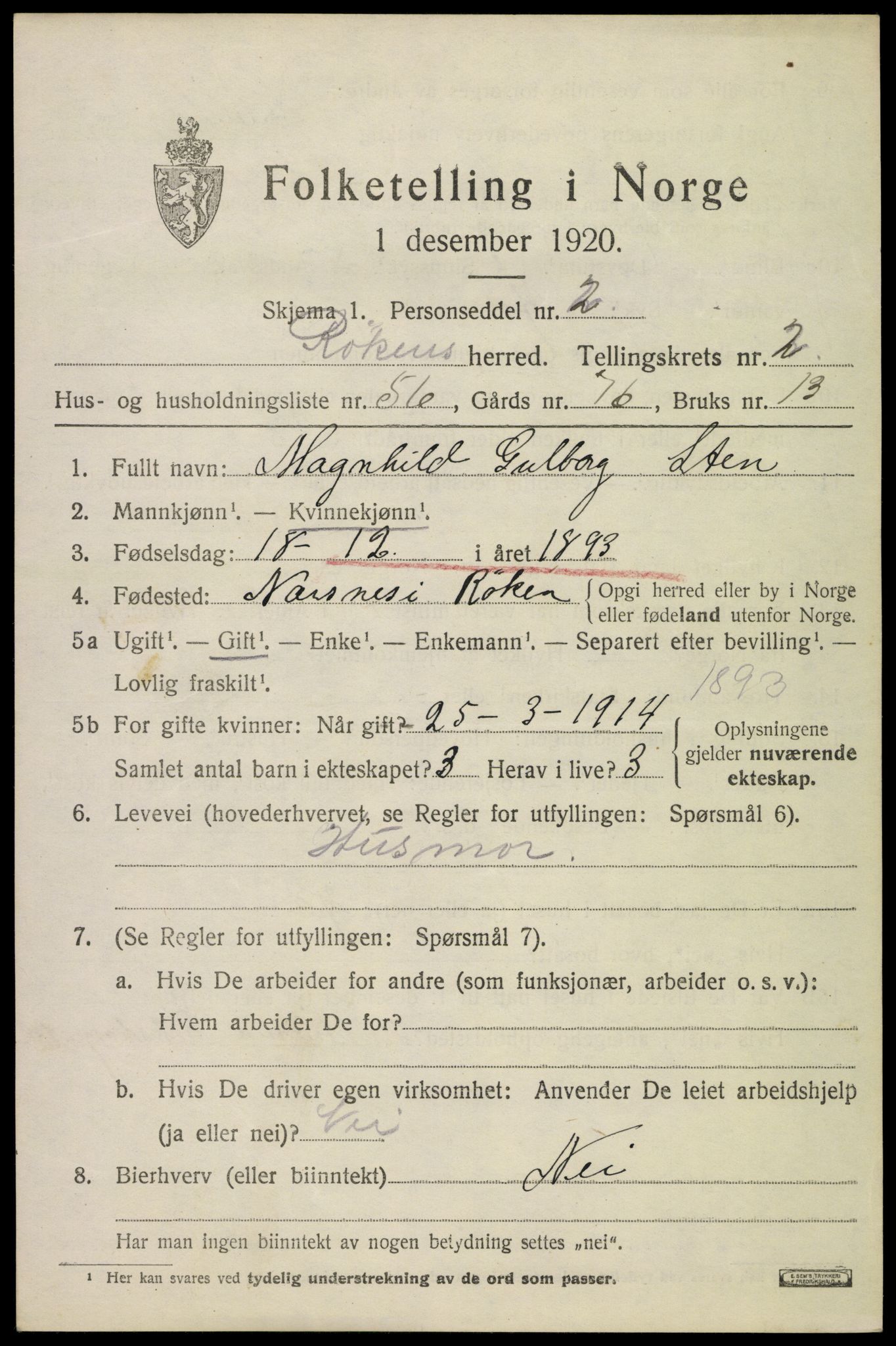 SAKO, Folketelling 1920 for 0627 Røyken herred, 1920, s. 3612