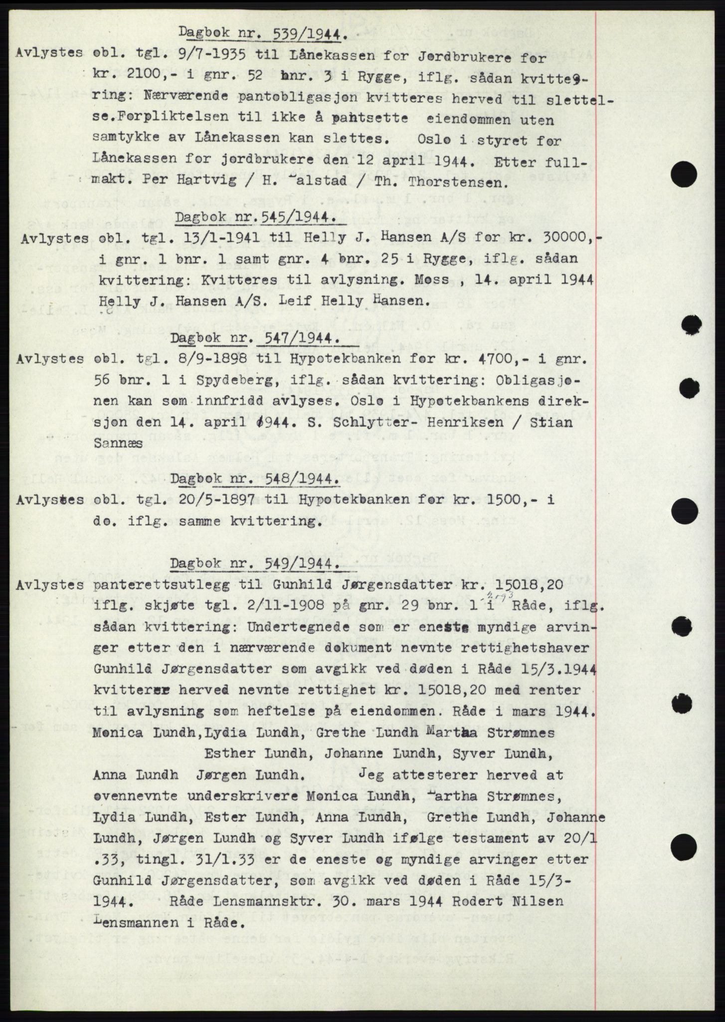Moss sorenskriveri, SAO/A-10168: Pantebok nr. C10, 1938-1950, Dagboknr: 539/1944