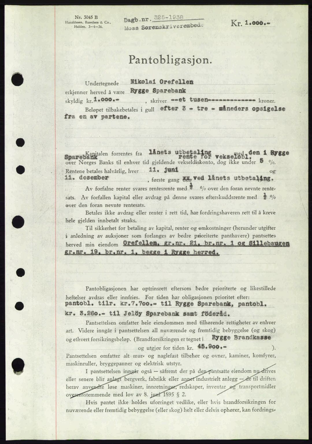 Moss sorenskriveri, AV/SAO-A-10168: Pantebok nr. B5, 1938-1938, Dagboknr: 325/1938