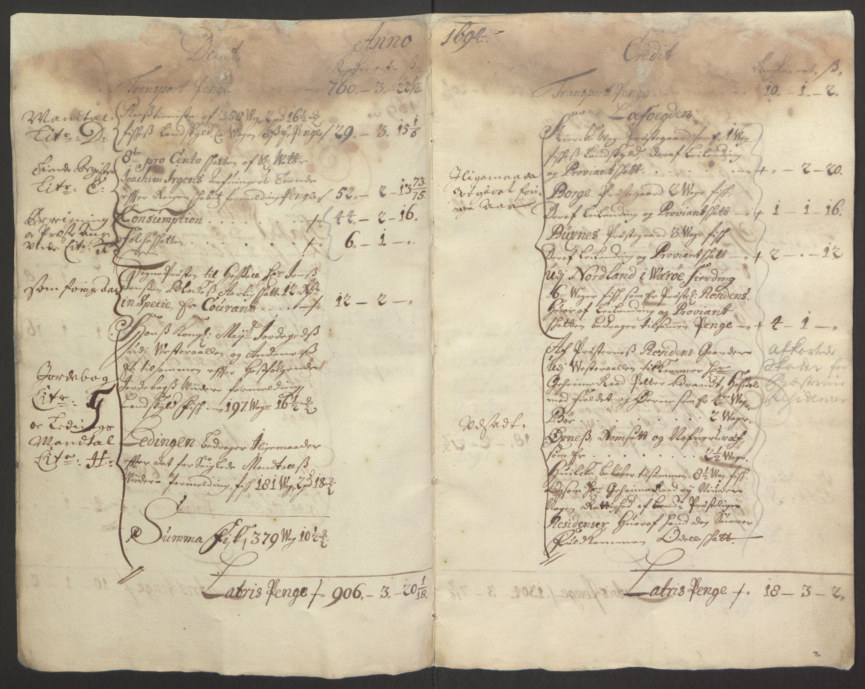 Rentekammeret inntil 1814, Reviderte regnskaper, Fogderegnskap, RA/EA-4092/R67/L4677: Fogderegnskap Vesterålen, Andenes og Lofoten, 1694-1695, s. 7