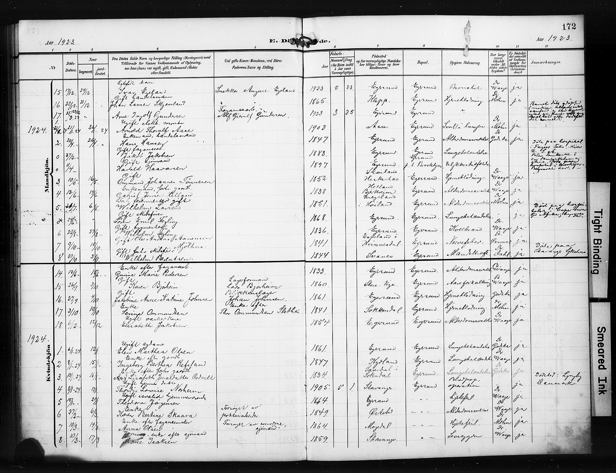 Eigersund sokneprestkontor, SAST/A-101807/S09/L0012: Klokkerbok nr. B 12, 1908-1930, s. 172