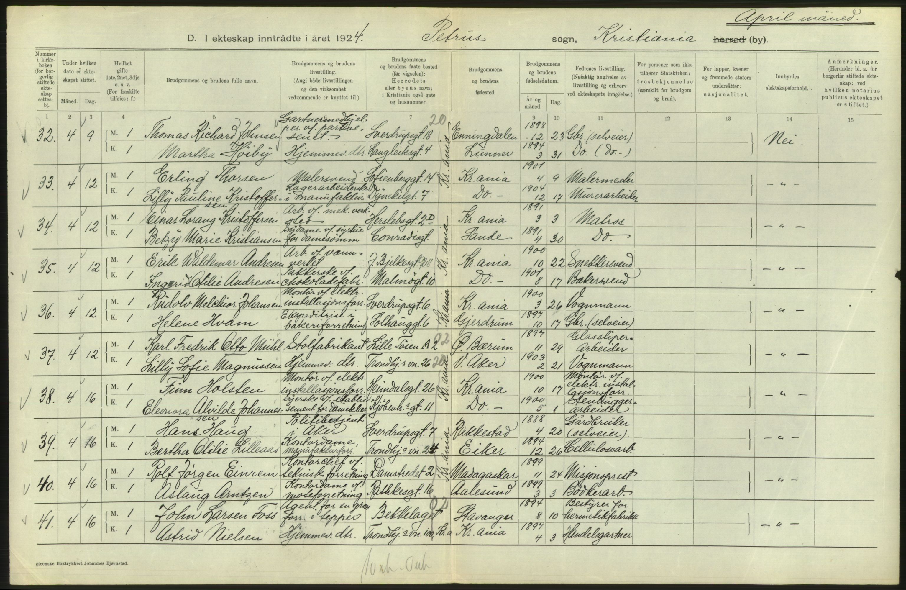 Statistisk sentralbyrå, Sosiodemografiske emner, Befolkning, AV/RA-S-2228/D/Df/Dfc/Dfcd/L0007: Kristiania: Gifte, 1924, s. 408
