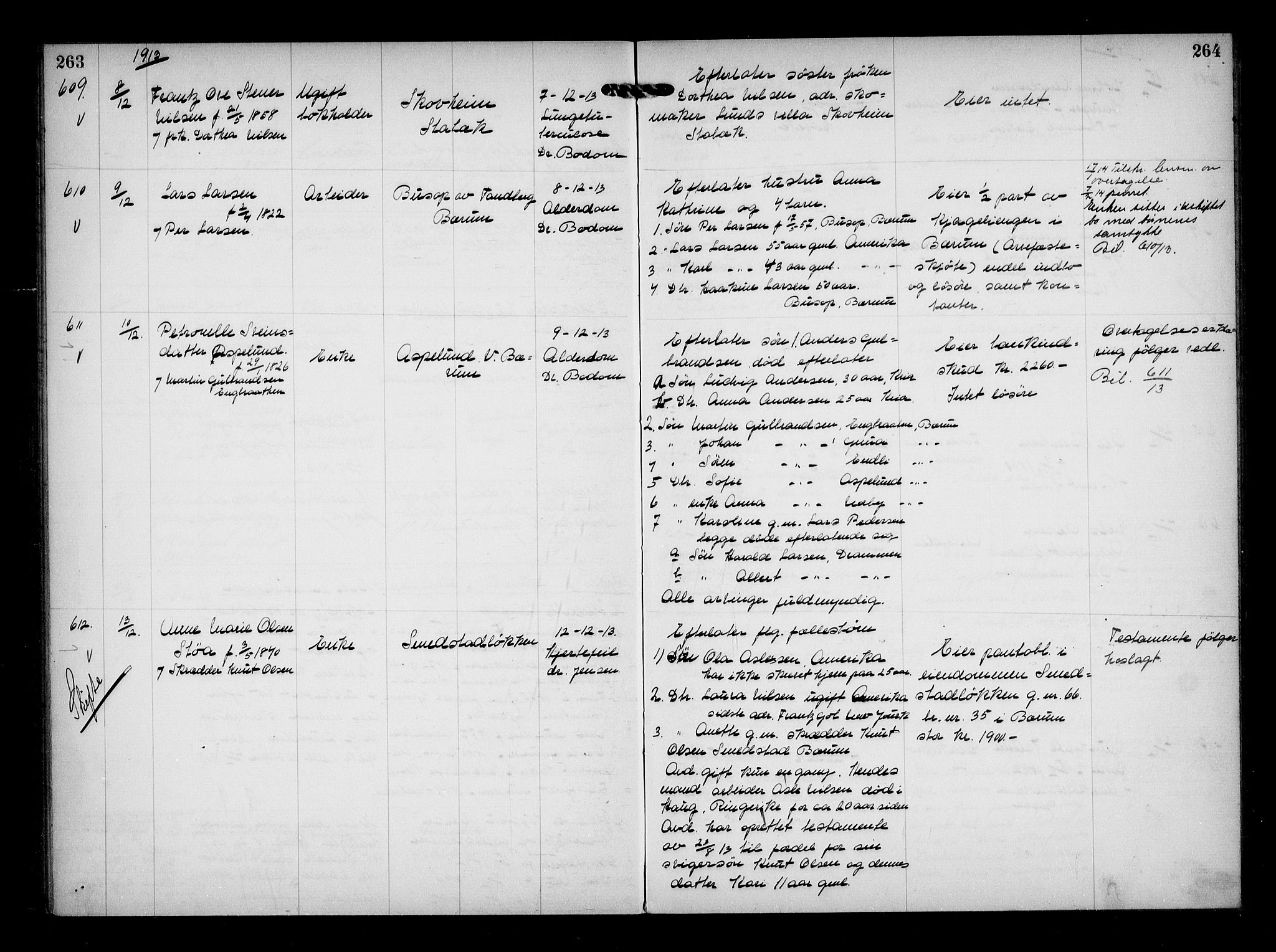 Aker kriminaldommer, skifte- og auksjonsforvalterembete, AV/SAO-A-10452/H/Hb/Hba/Hbaa/L0003: Dødsfallsprotokoll, 1912-1914, s. 263-264