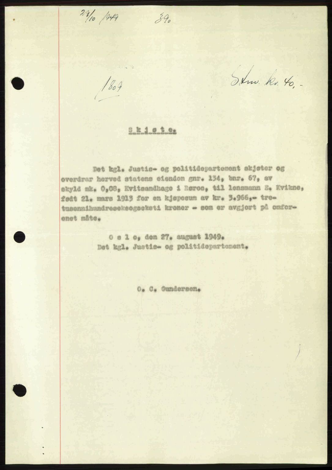 Gauldal sorenskriveri, SAT/A-0014/1/2/2C: Pantebok nr. A8, 1949-1949, Dagboknr: 1809/1949