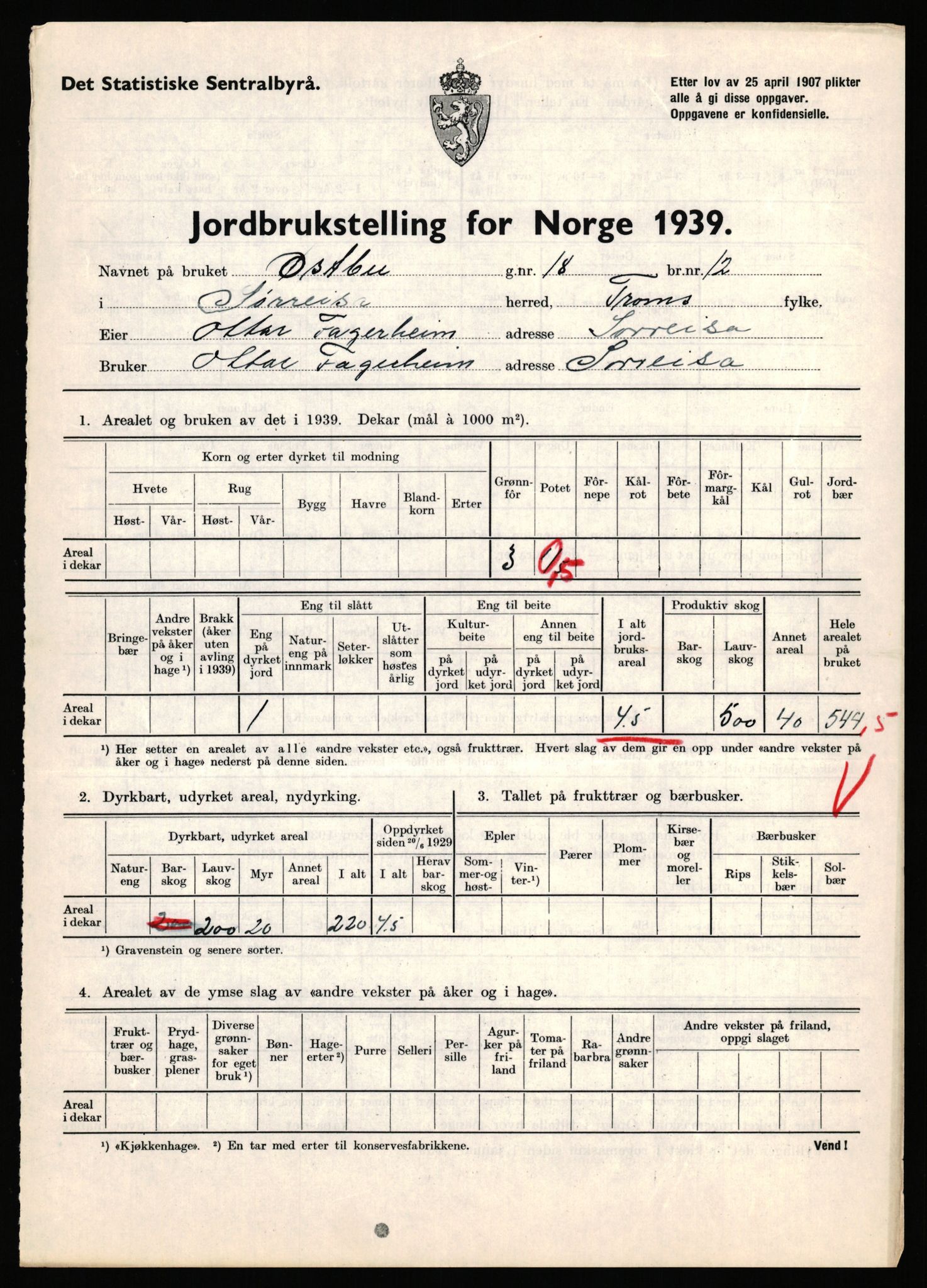 Statistisk sentralbyrå, Næringsøkonomiske emner, Jordbruk, skogbruk, jakt, fiske og fangst, AV/RA-S-2234/G/Gb/L0341: Troms: Sørreisa og Tranøy, 1939, s. 57