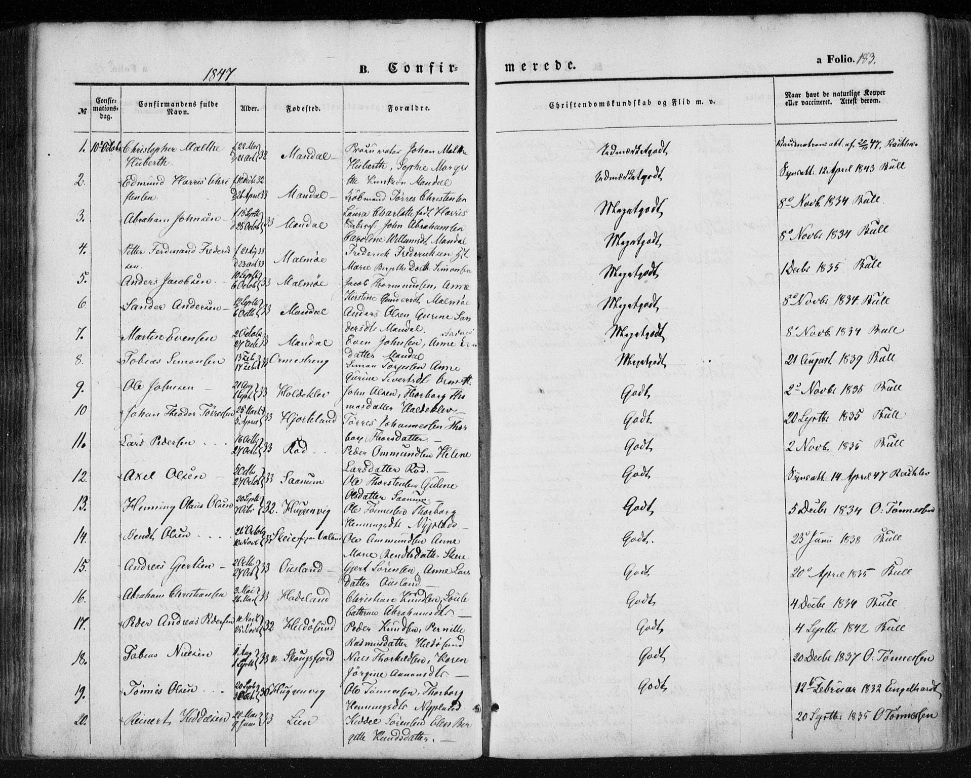 Mandal sokneprestkontor, AV/SAK-1111-0030/F/Fa/Faa/L0013: Ministerialbok nr. A 13, 1847-1859, s. 183