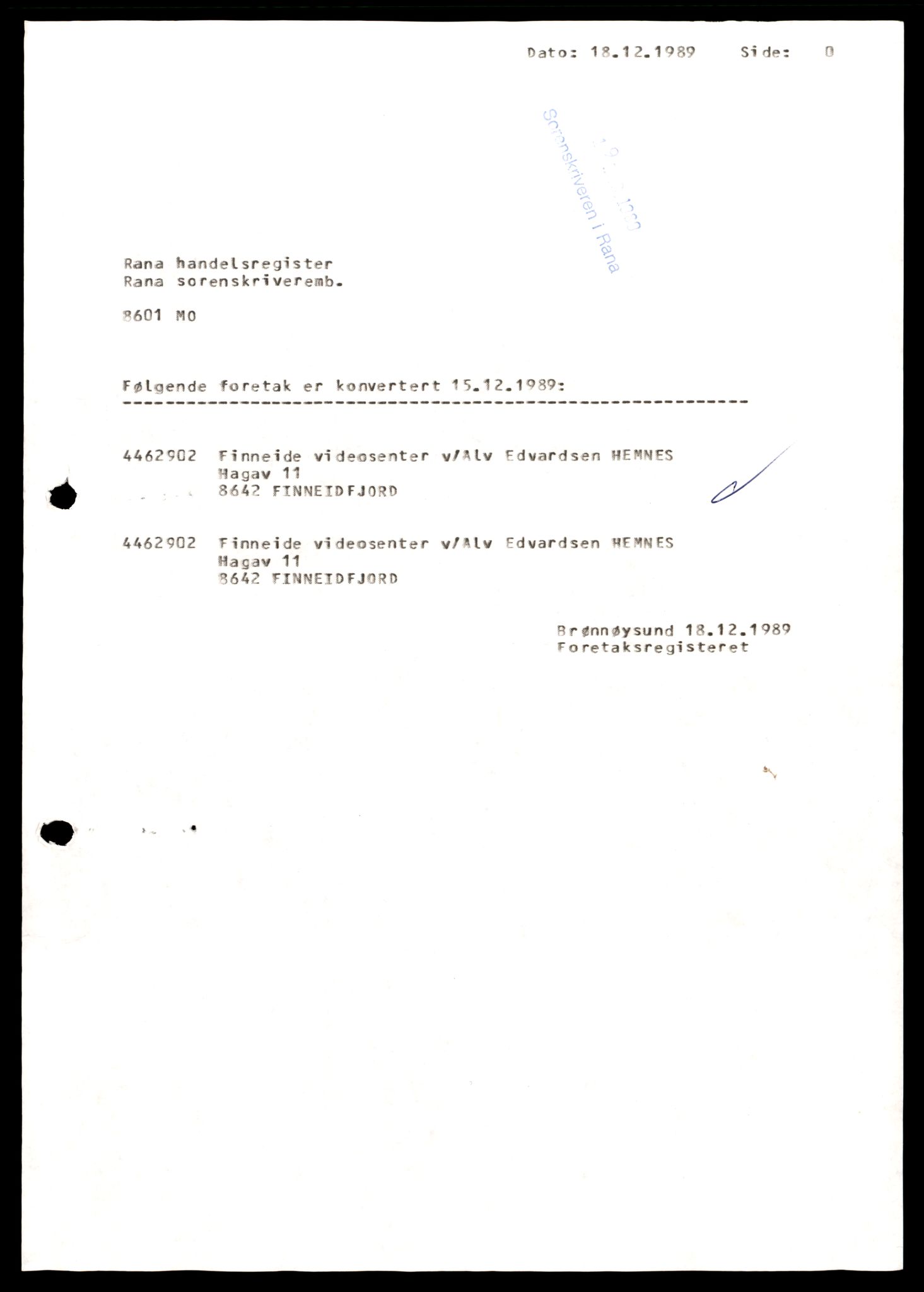 Rana sorenskriveri , SAT/A-1108/2/J/Jc/Jca/L0002: Enkeltmannsforetak A - Å, 1988-1989, s. 1