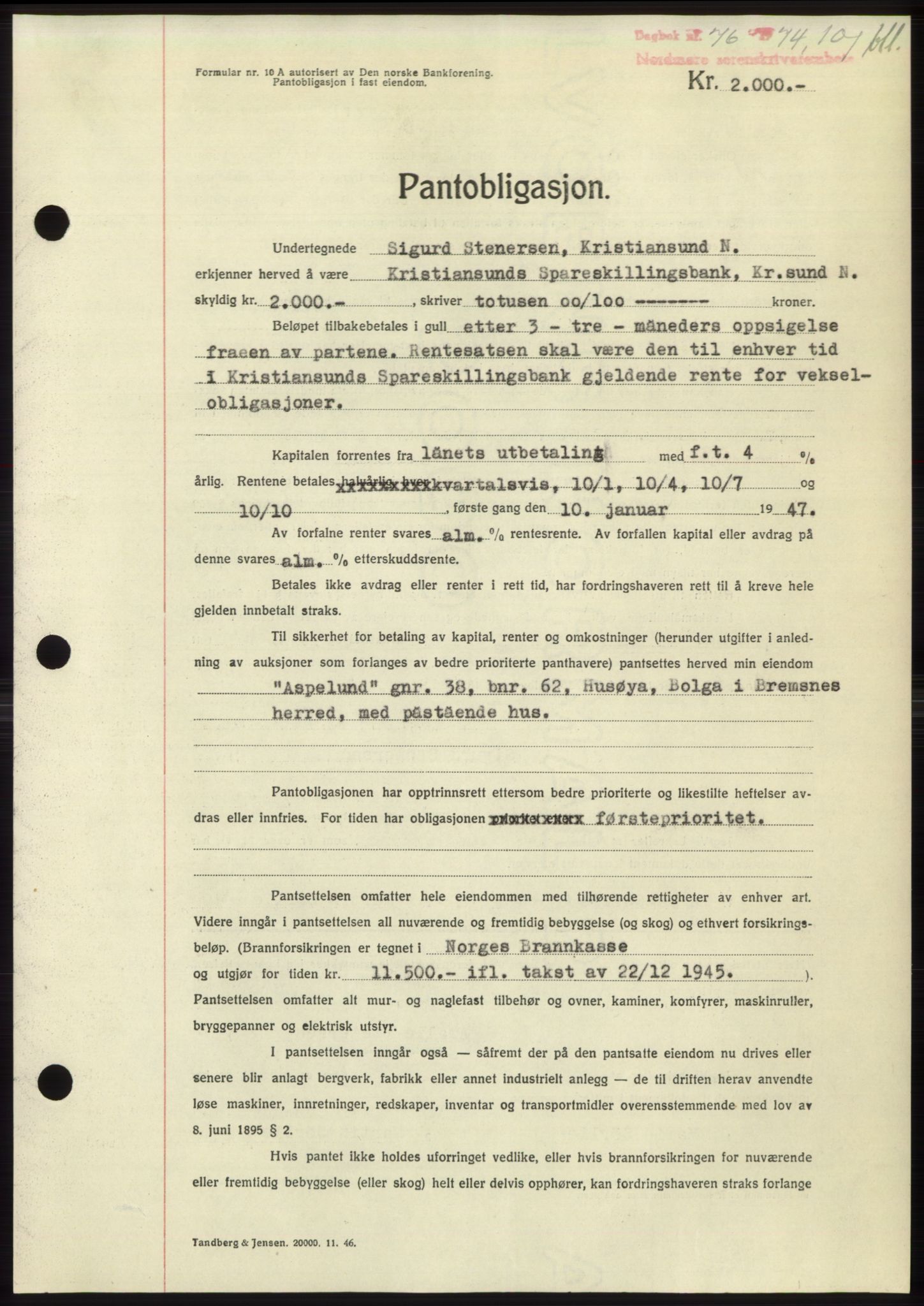 Nordmøre sorenskriveri, SAT/A-4132/1/2/2Ca: Pantebok nr. B95, 1946-1947, Dagboknr: 76/1947