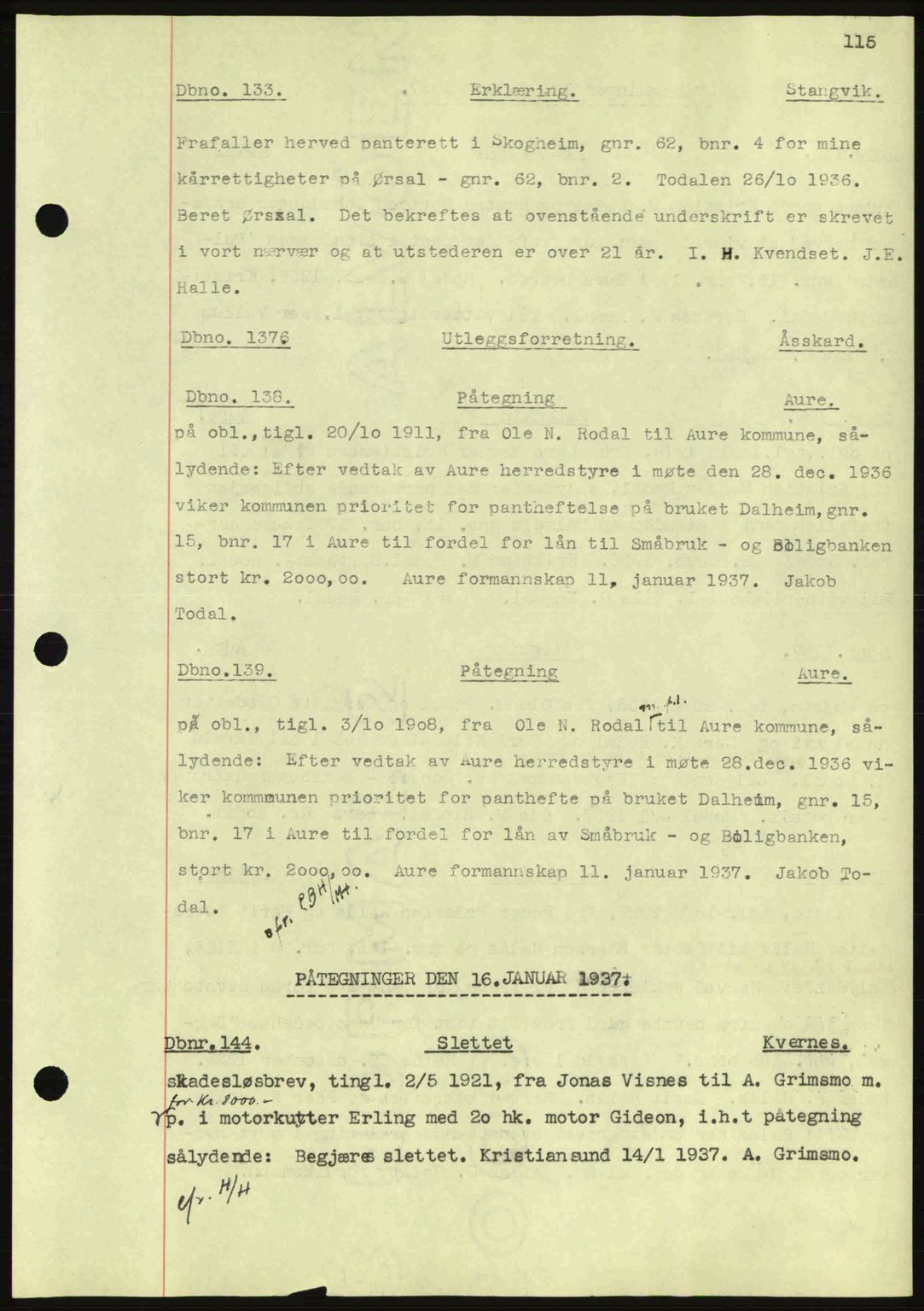Nordmøre sorenskriveri, SAT/A-4132/1/2/2Ca: Pantebok nr. C80, 1936-1939, Dagboknr: 133/1937