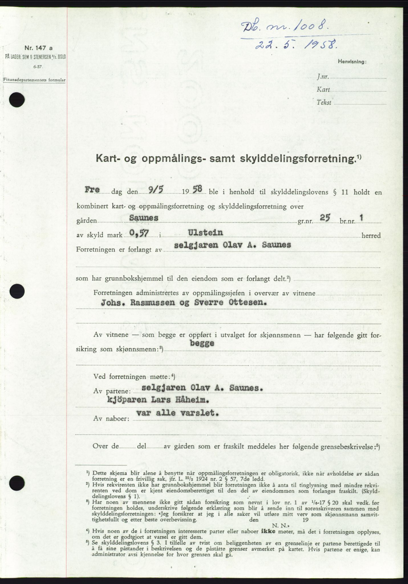 Søre Sunnmøre sorenskriveri, SAT/A-4122/1/2/2C/L0109: Pantebok nr. 35A, 1958-1958, Dagboknr: 1008/1958