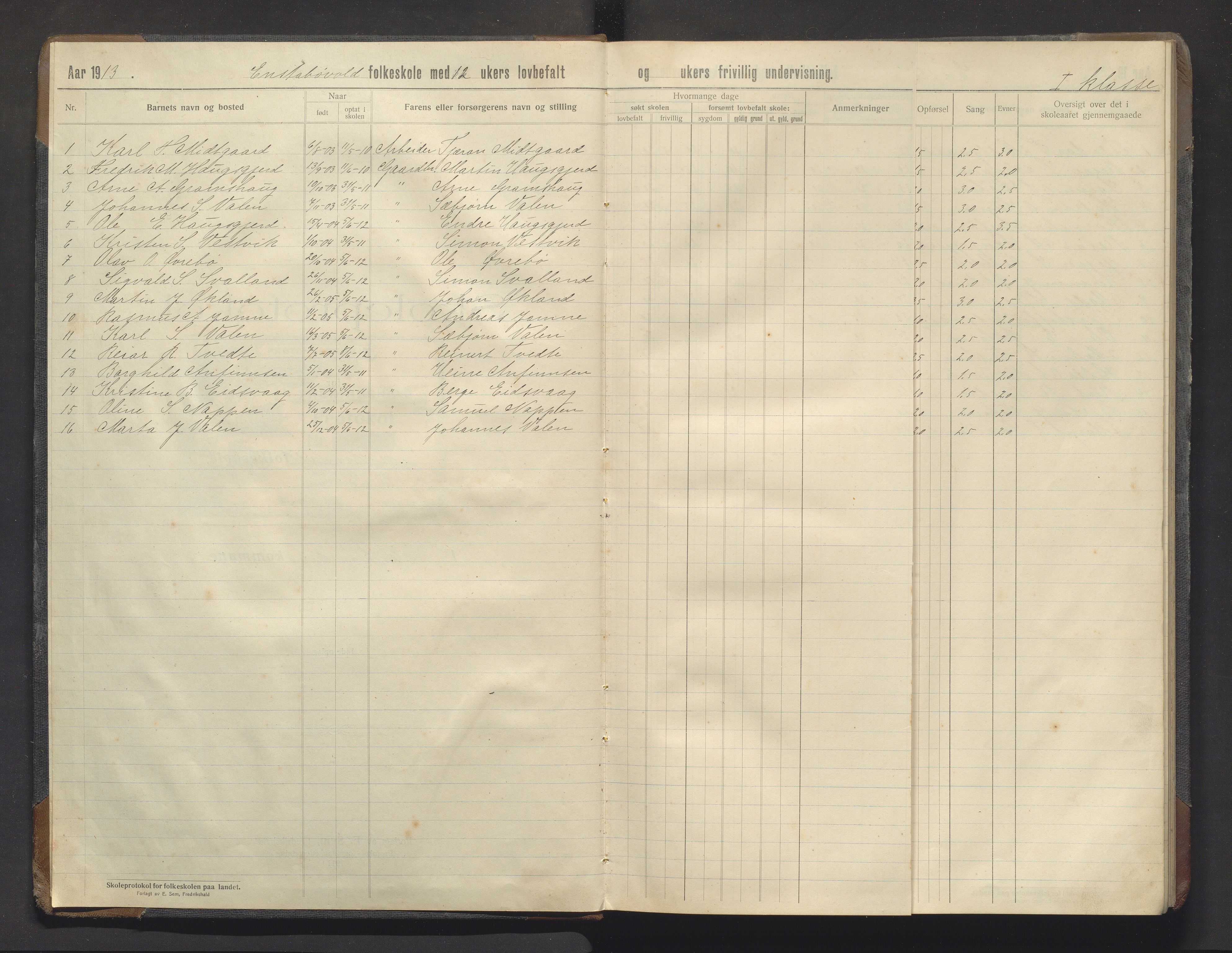 Valestrand kommune. Barneskulane, IKAH/1217-231/F/Fa/L0009: Skuleprotokoll for Enstabøvoll folkeskule, 1913-1928