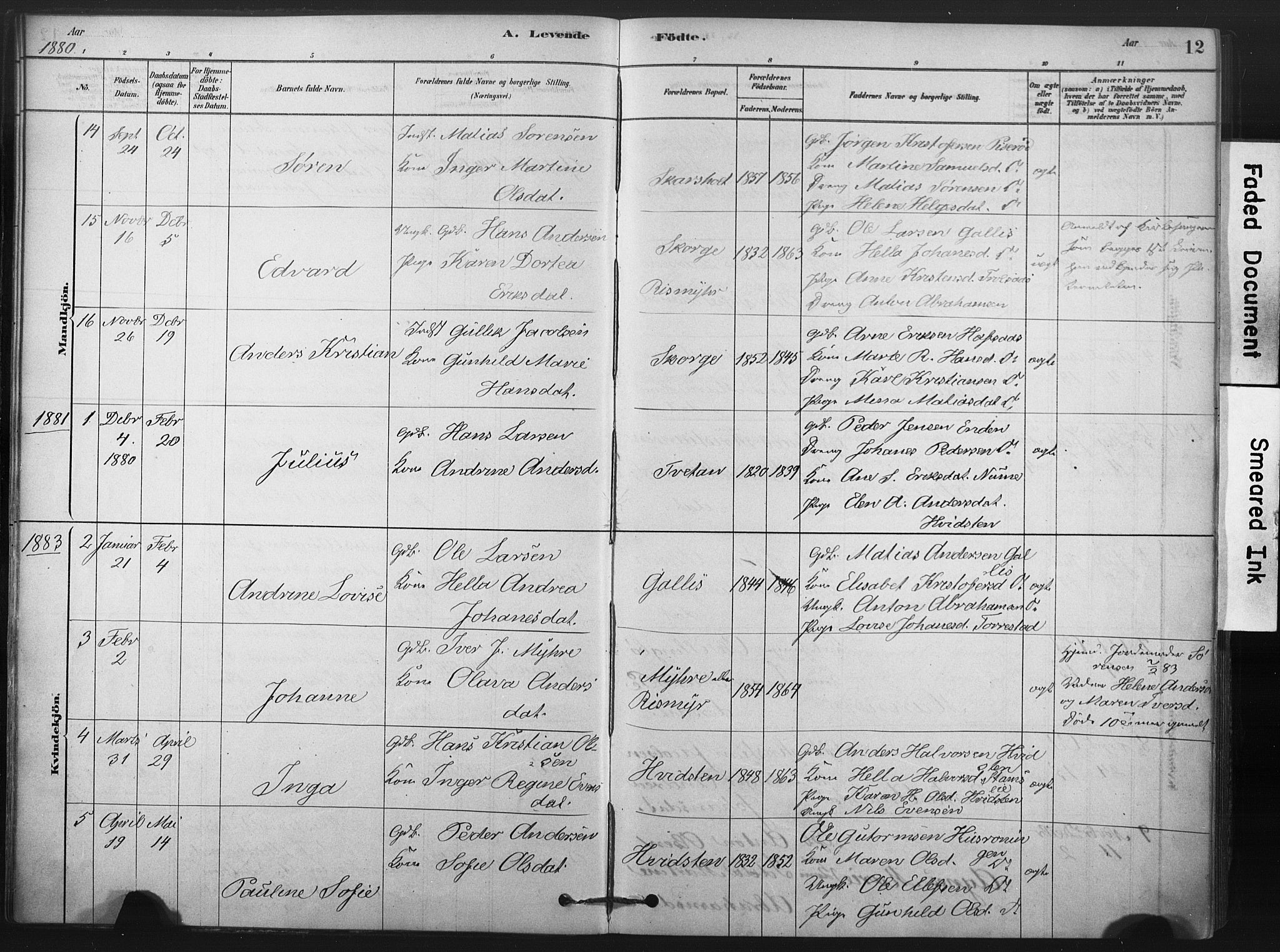 Andebu kirkebøker, AV/SAKO-A-336/F/Fc/L0001: Ministerialbok nr. III 1, 1878-1902, s. 12