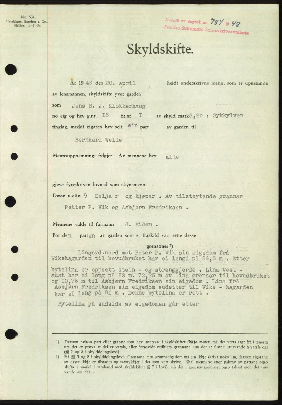 Nordre Sunnmøre sorenskriveri, AV/SAT-A-0006/1/2/2C/2Ca: Pantebok nr. A27, 1948-1948, Dagboknr: 784/1948