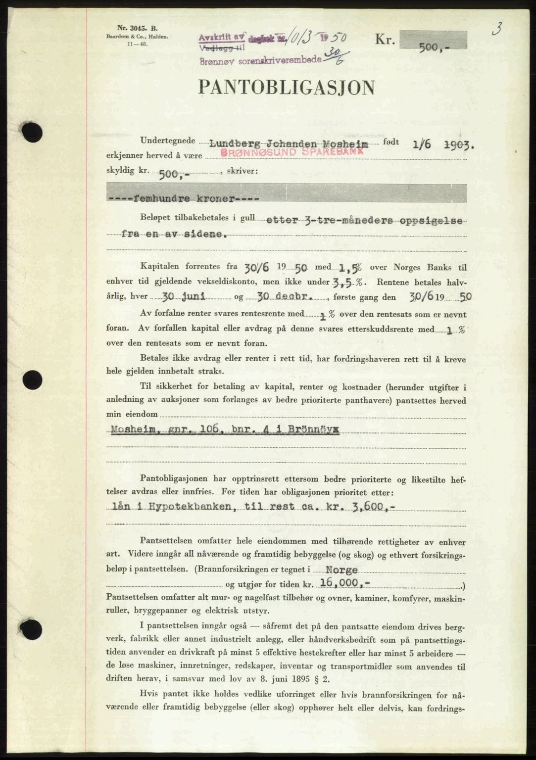 Brønnøy sorenskriveri, SAT/A-4170/1/2/2C: Pantebok nr. 36, 1950-1950, Dagboknr: 1013/1950