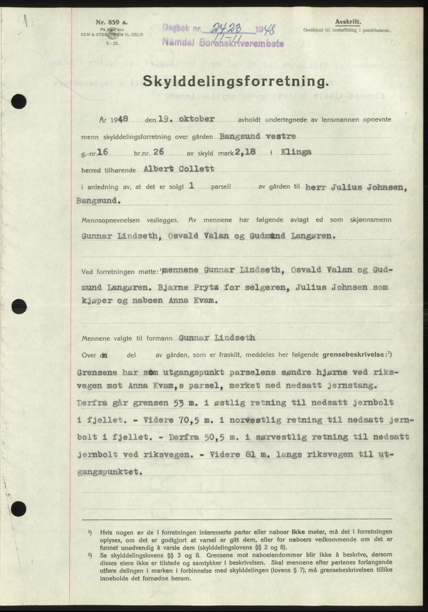 Namdal sorenskriveri, SAT/A-4133/1/2/2C: Pantebok nr. -, 1948-1948, Dagboknr: 2423/1948
