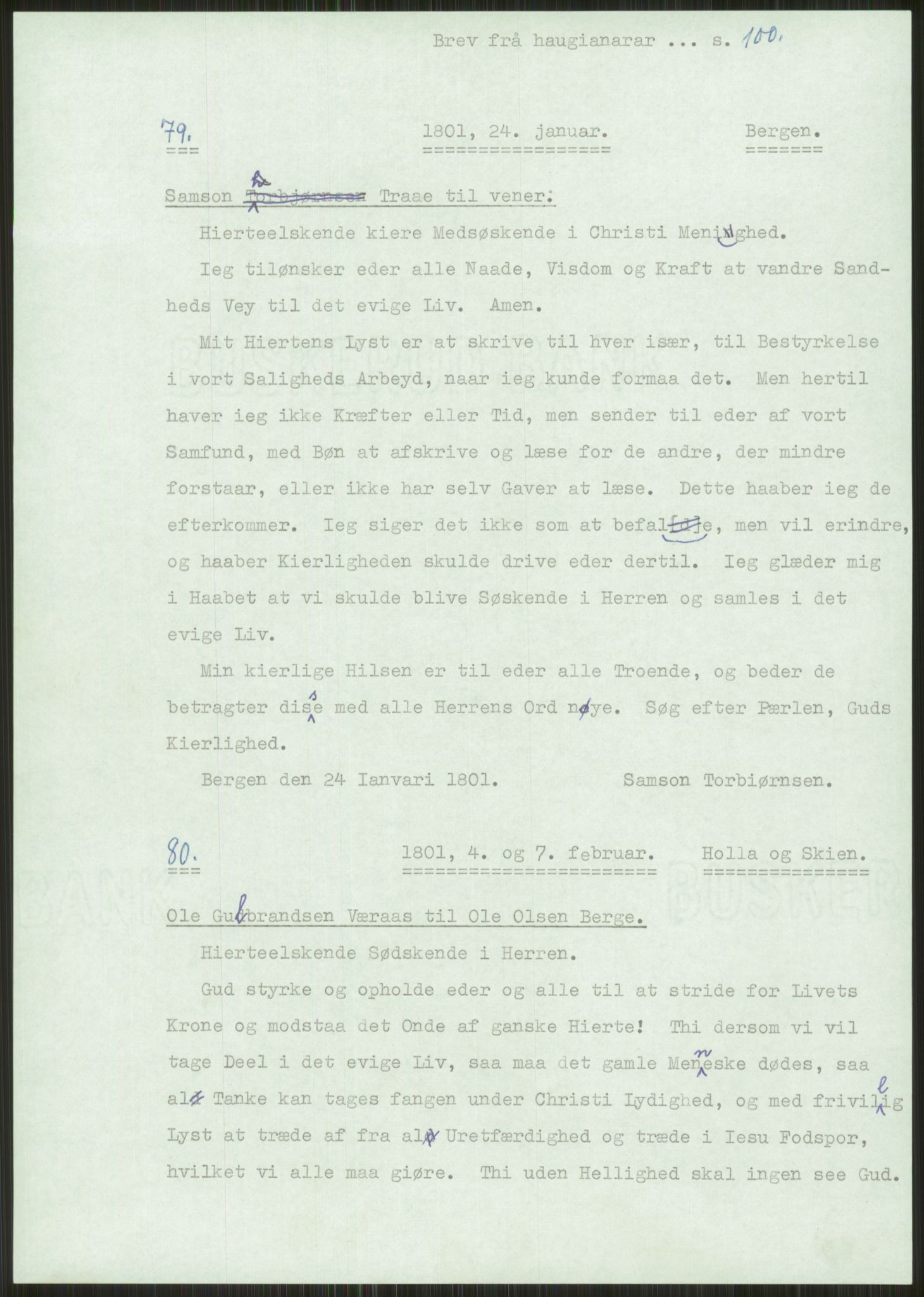 Samlinger til kildeutgivelse, Haugianerbrev, RA/EA-6834/F/L0001: Haugianerbrev I: 1760-1804, 1760-1804, s. 100