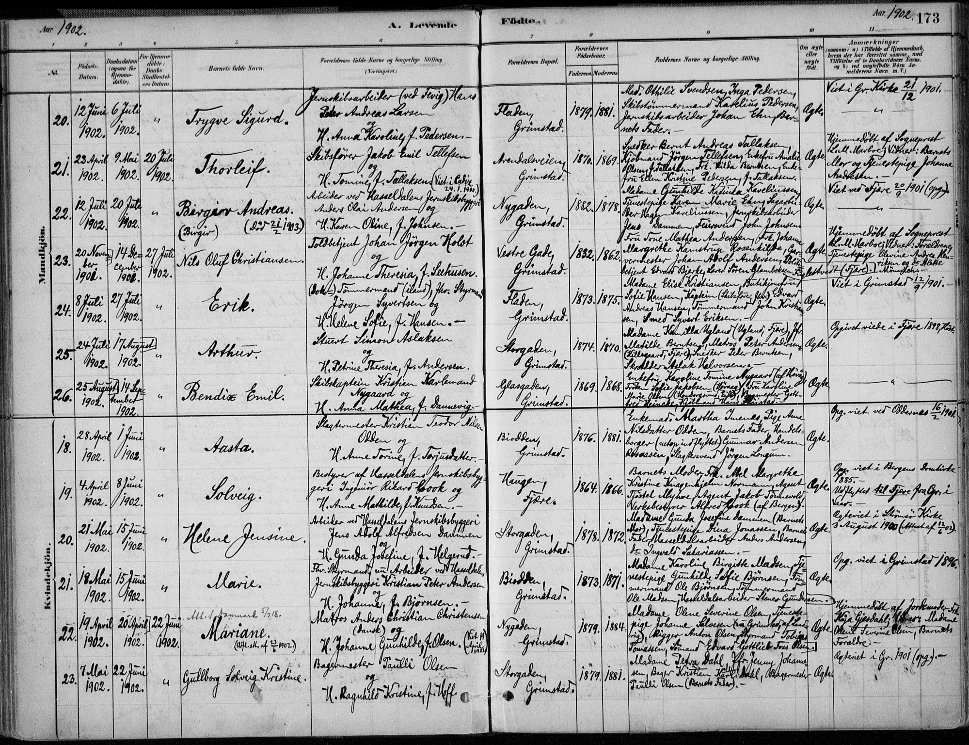 Grimstad sokneprestkontor, AV/SAK-1111-0017/F/Fa/L0003: Ministerialbok nr. A 2, 1882-1912, s. 173