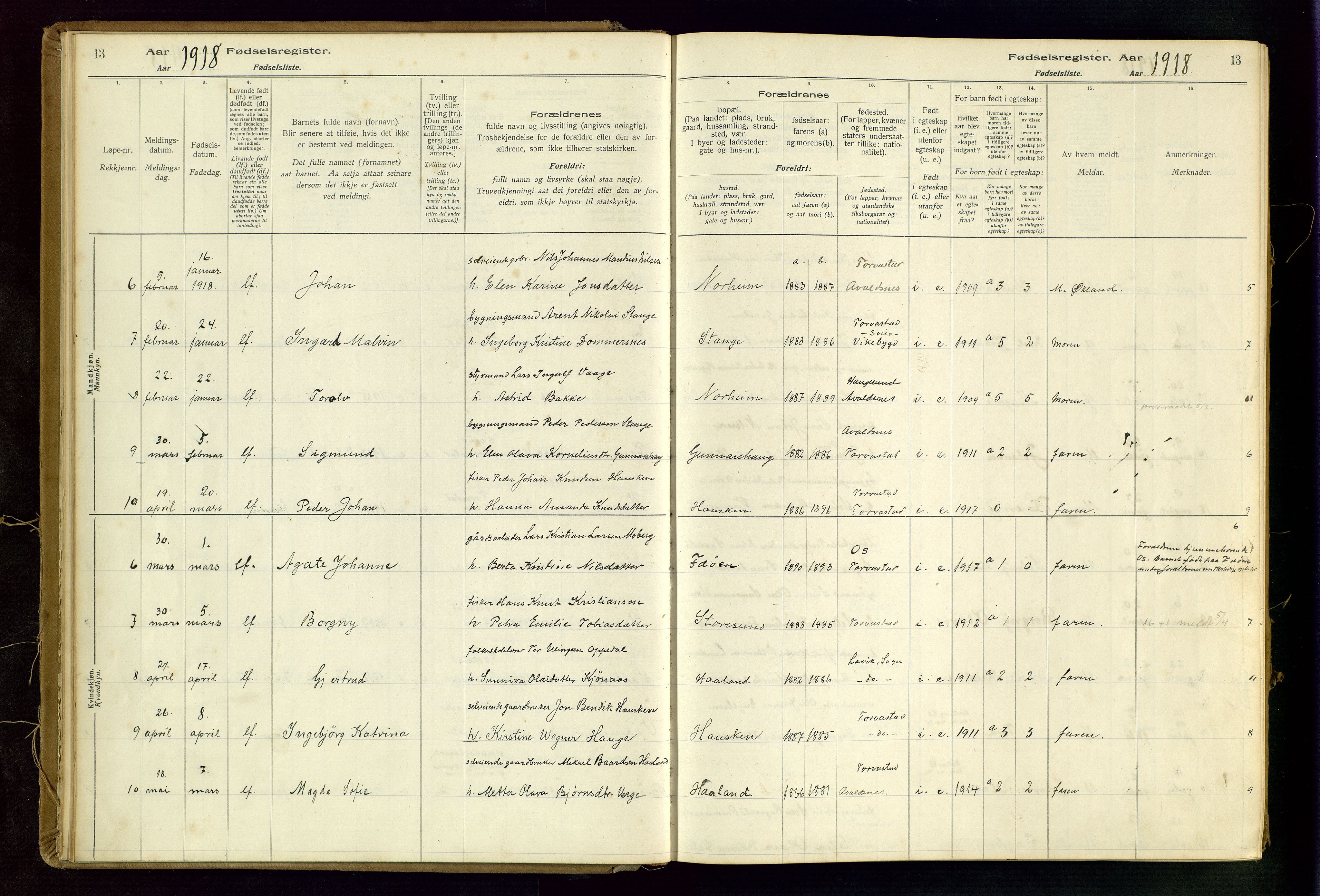 Torvastad sokneprestkontor, AV/SAST-A -101857/I/Id/L0002: Fødselsregister nr. 2, 1916-1950, s. 13