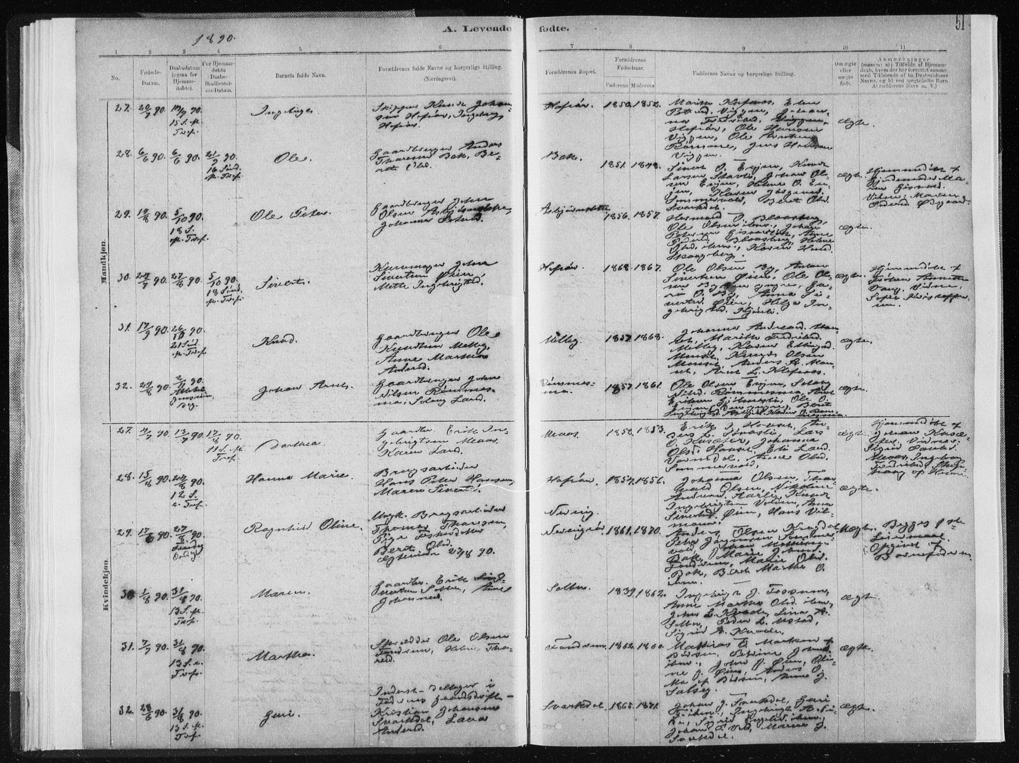 Ministerialprotokoller, klokkerbøker og fødselsregistre - Sør-Trøndelag, AV/SAT-A-1456/668/L0818: Klokkerbok nr. 668C07, 1885-1898, s. 51