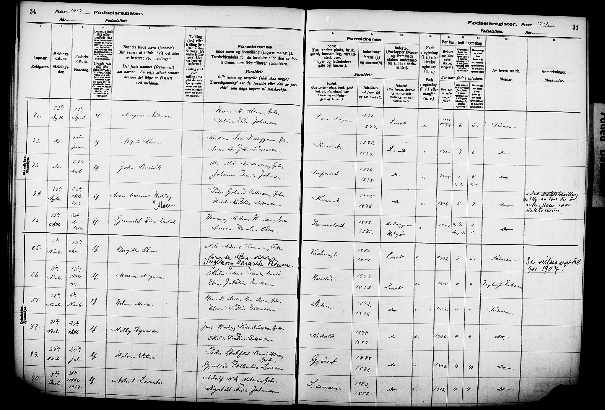 Lenvik sokneprestembete, SATØ/S-1310/I/Ic/L0089: Fødselsregister nr. 89, 1916-1926, s. 34