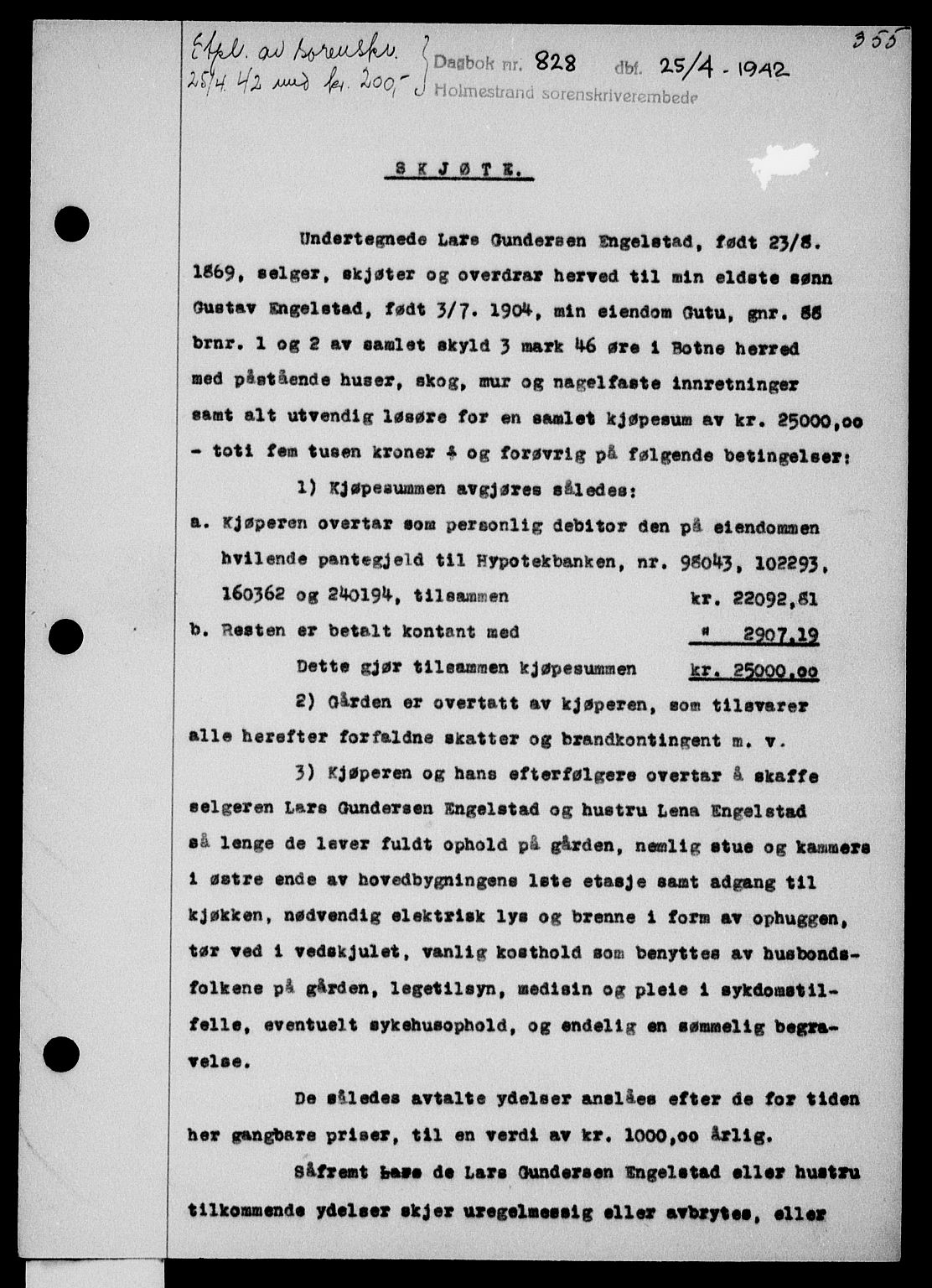 Holmestrand sorenskriveri, SAKO/A-67/G/Ga/Gaa/L0055: Pantebok nr. A-55, 1942-1942, Dagboknr: 828/1942