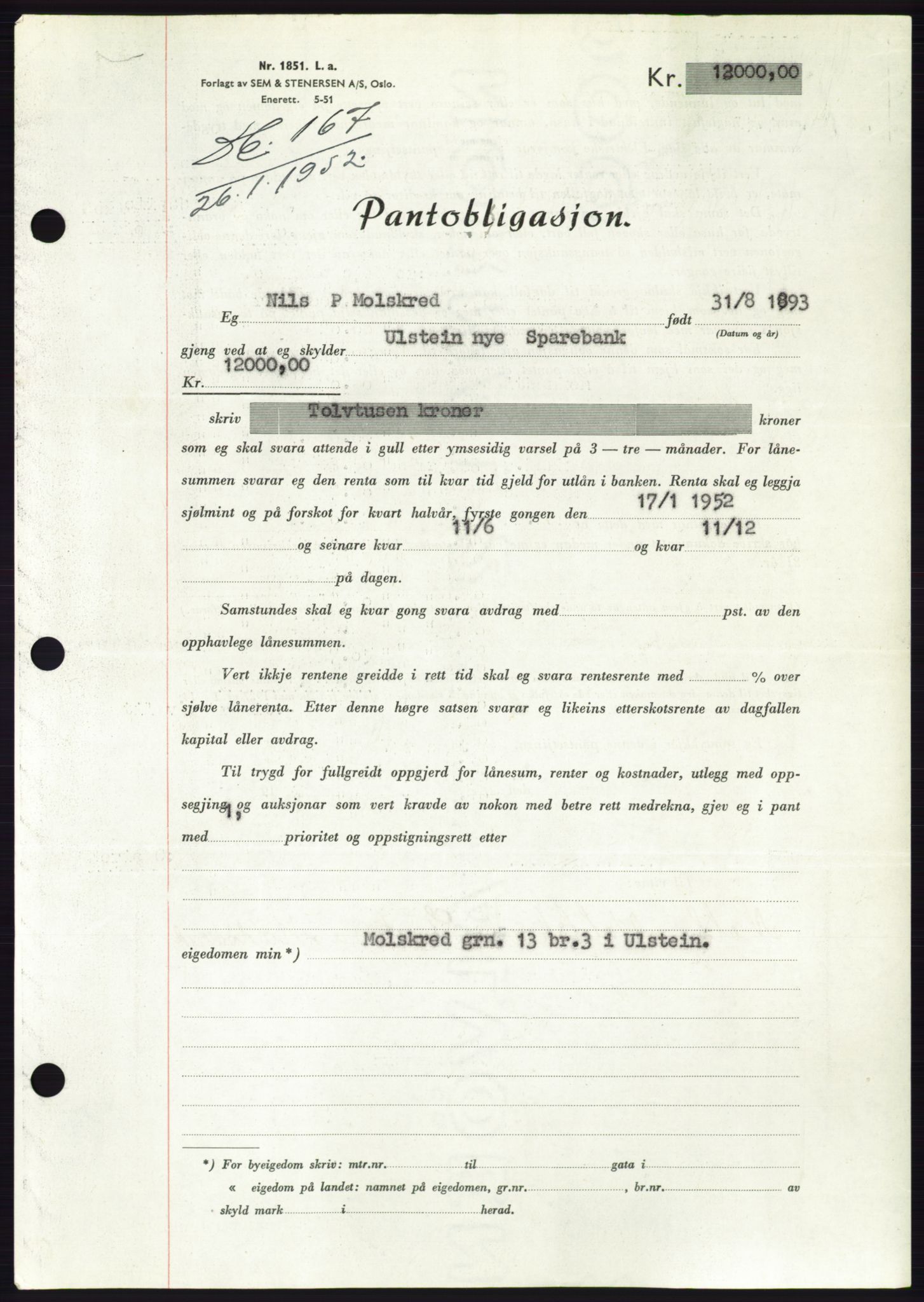 Søre Sunnmøre sorenskriveri, AV/SAT-A-4122/1/2/2C/L0121: Pantebok nr. 9B, 1951-1952, Dagboknr: 167/1952