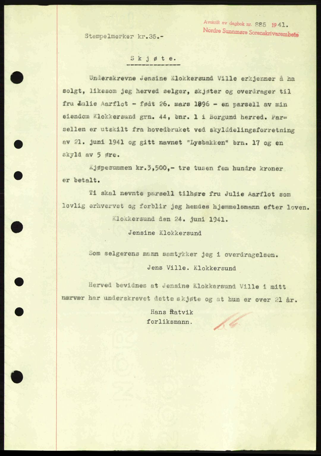 Nordre Sunnmøre sorenskriveri, SAT/A-0006/1/2/2C/2Ca: Pantebok nr. A11, 1941-1941, Dagboknr: 885/1941
