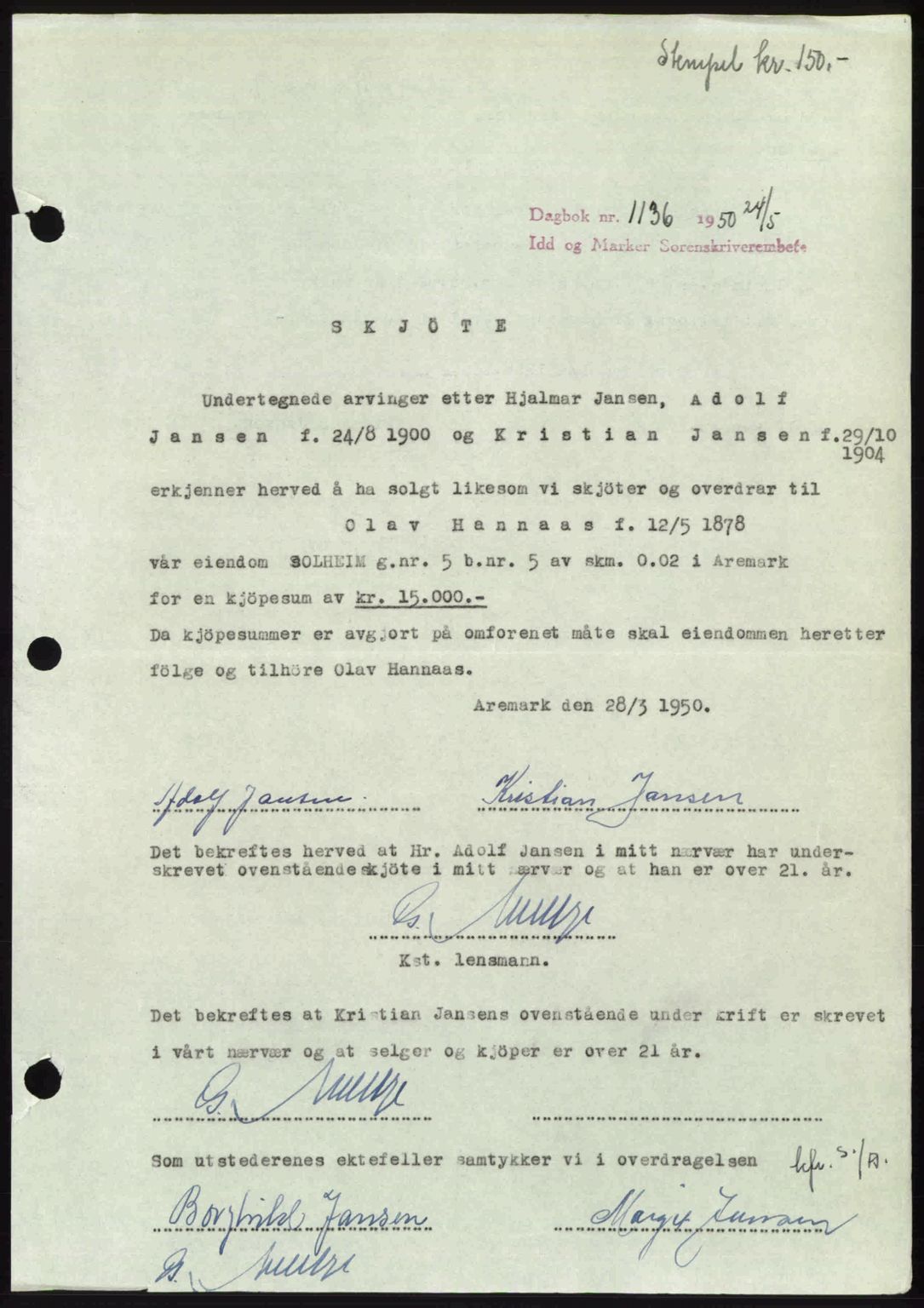 Idd og Marker sorenskriveri, AV/SAO-A-10283/G/Gb/Gbb/L0014: Pantebok nr. A14, 1950-1950, Dagboknr: 1136/1950
