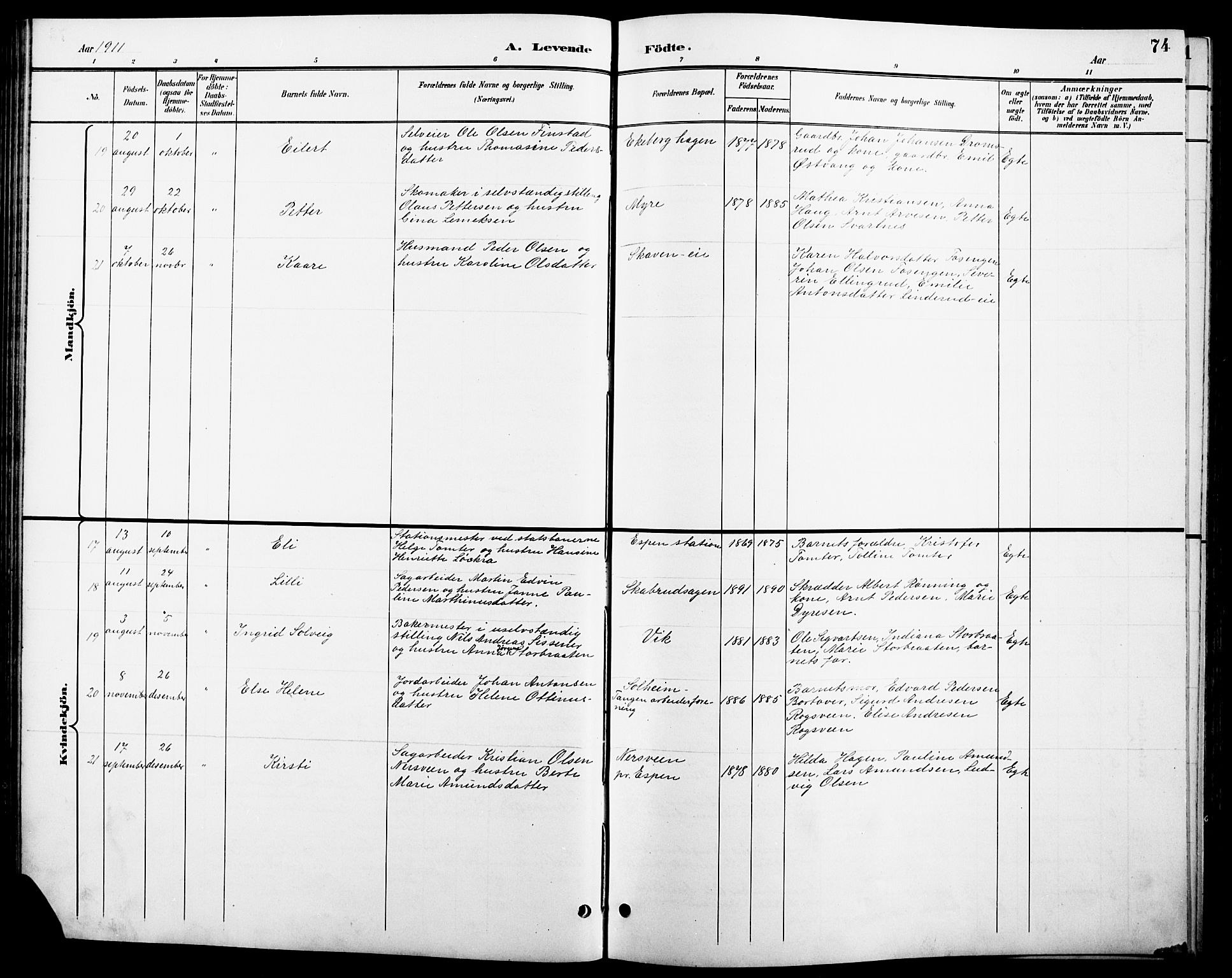 Stange prestekontor, SAH/PREST-002/L/L0011: Klokkerbok nr. 11, 1895-1917, s. 74