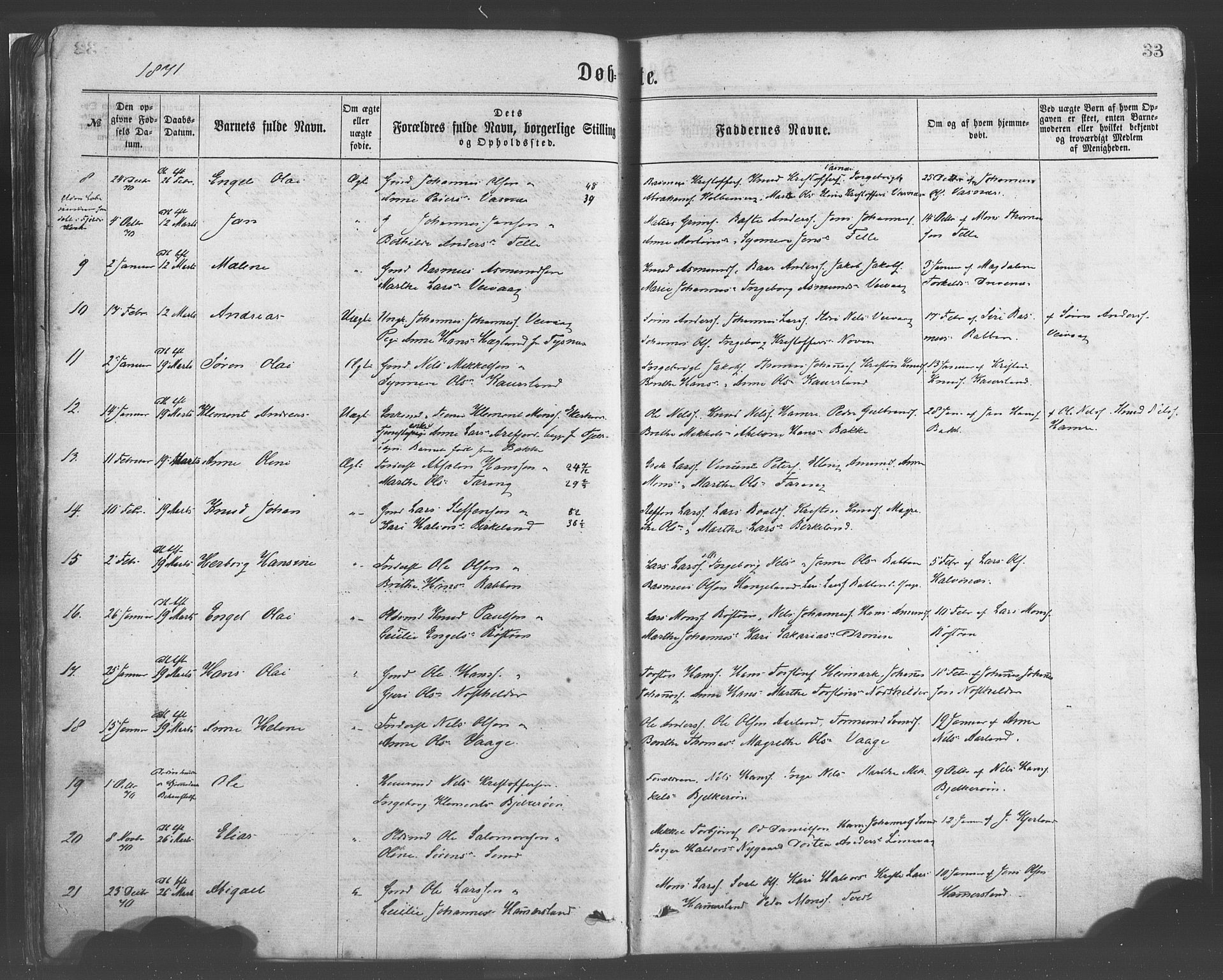 Sund sokneprestembete, AV/SAB-A-99930: Ministerialbok nr. A 15, 1867-1881, s. 33