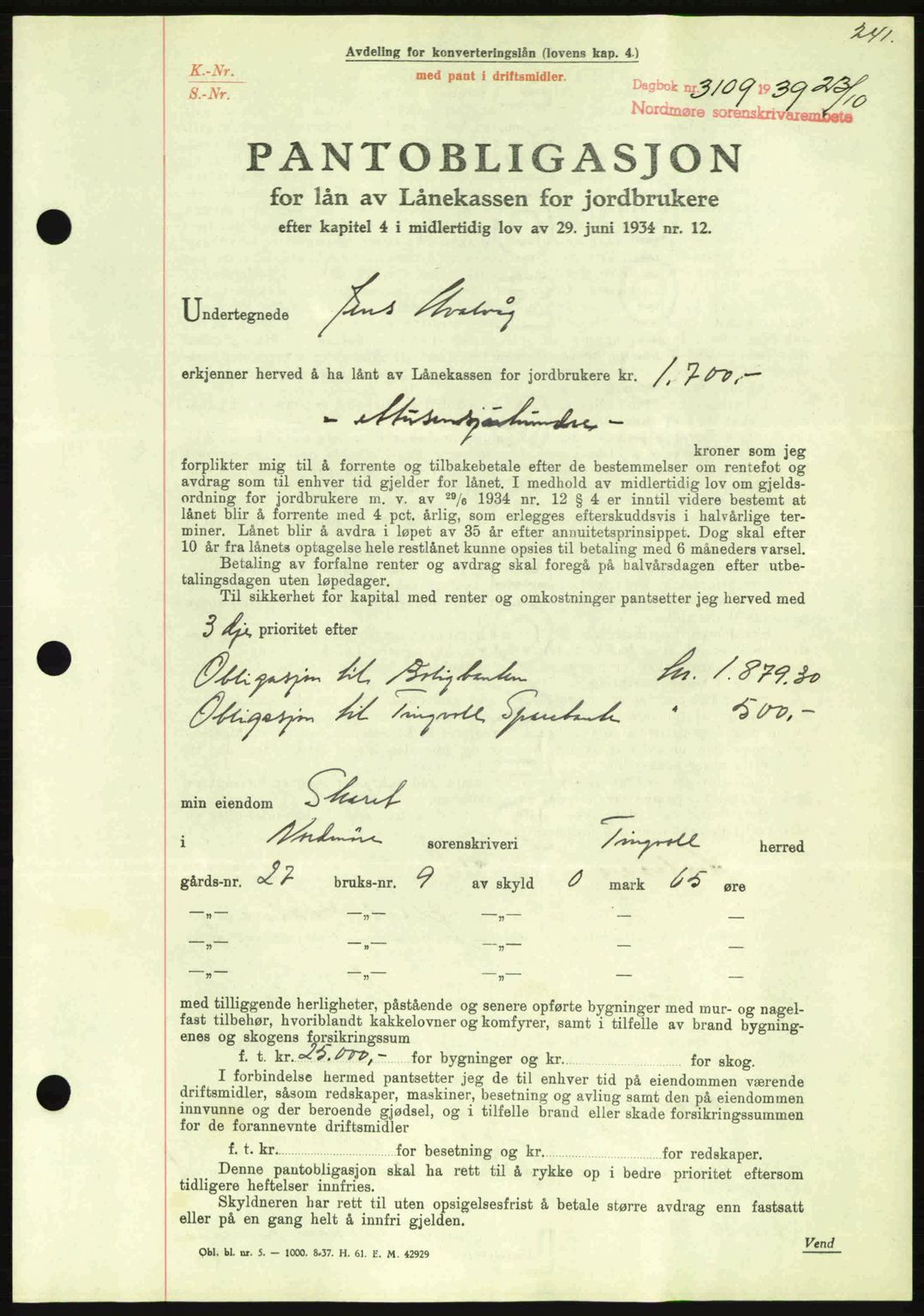 Nordmøre sorenskriveri, AV/SAT-A-4132/1/2/2Ca: Pantebok nr. B86, 1939-1940, Dagboknr: 3109/1939