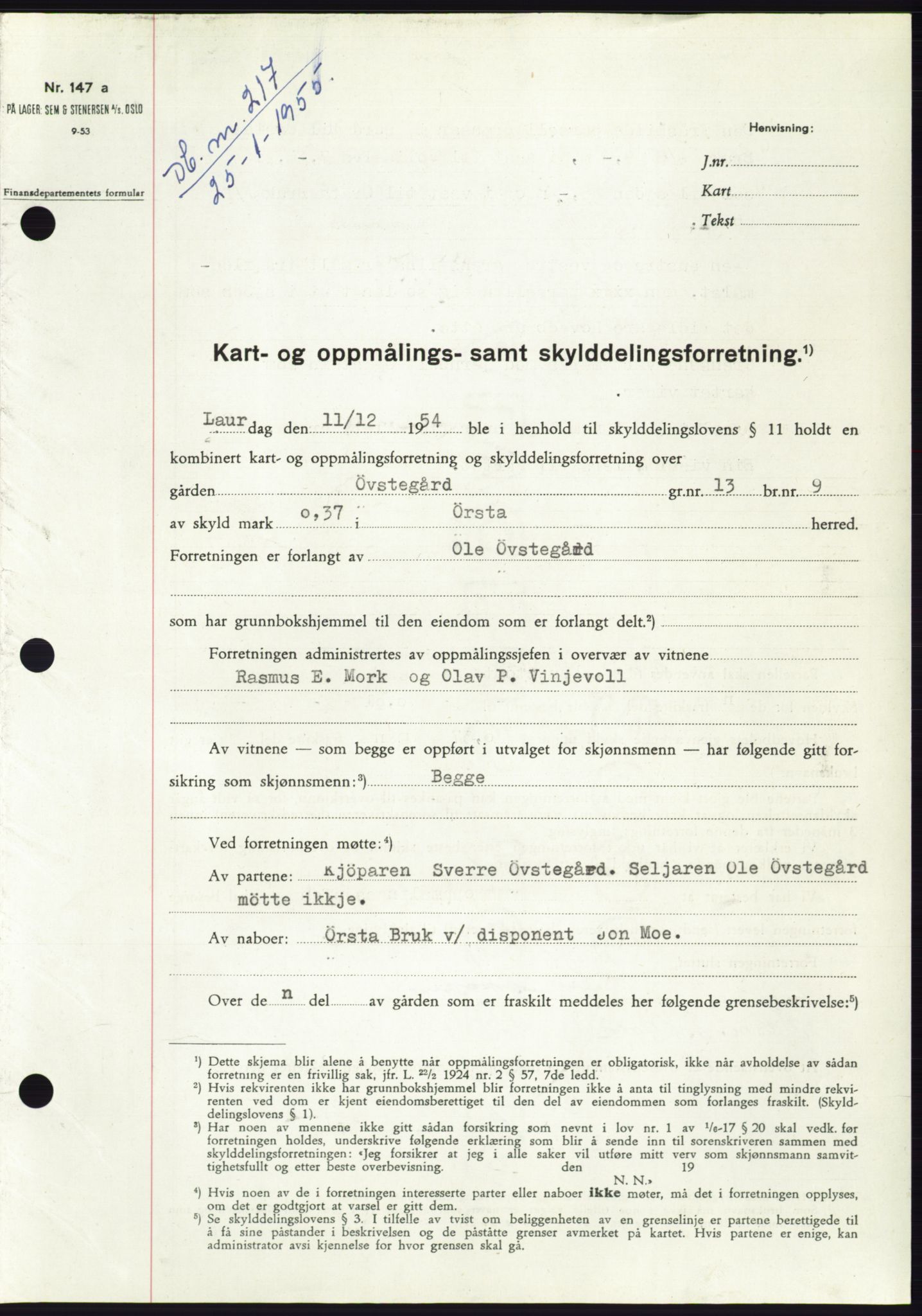 Søre Sunnmøre sorenskriveri, SAT/A-4122/1/2/2C/L0100: Pantebok nr. 26A, 1954-1955, Dagboknr: 217/1955