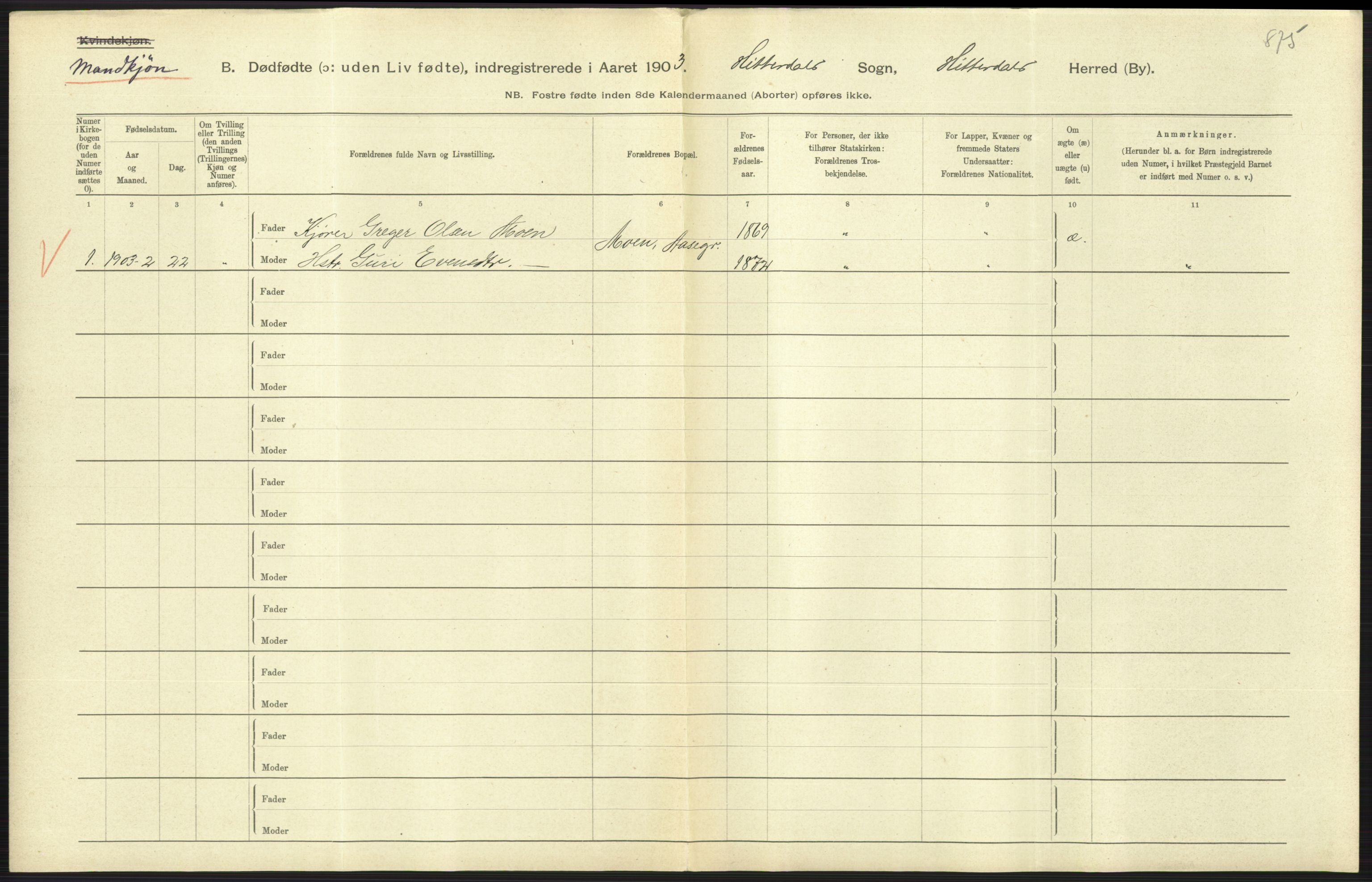 Statistisk sentralbyrå, Sosiodemografiske emner, Befolkning, AV/RA-S-2228/D/Df/Dfa/Dfaa/L0024: Smålenenes - Stavanger amt: Dødfødte. Bygder., 1903, s. 407