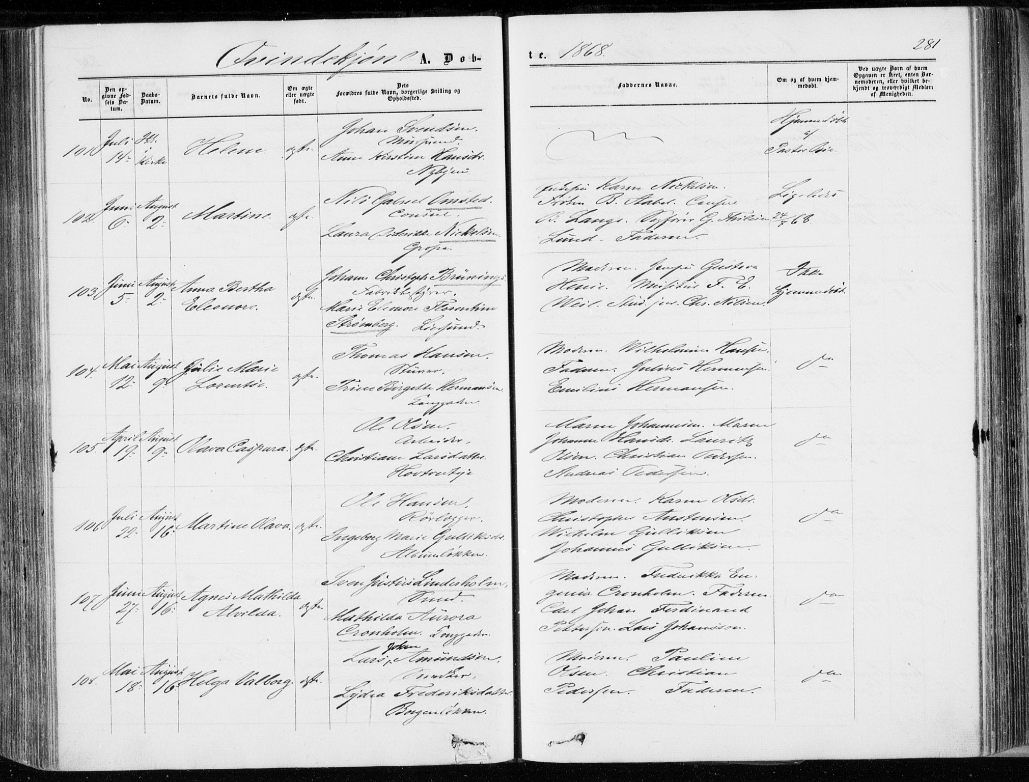 Bragernes kirkebøker, AV/SAKO-A-6/F/Fb/L0003: Ministerialbok nr. II 3, 1860-1868, s. 281