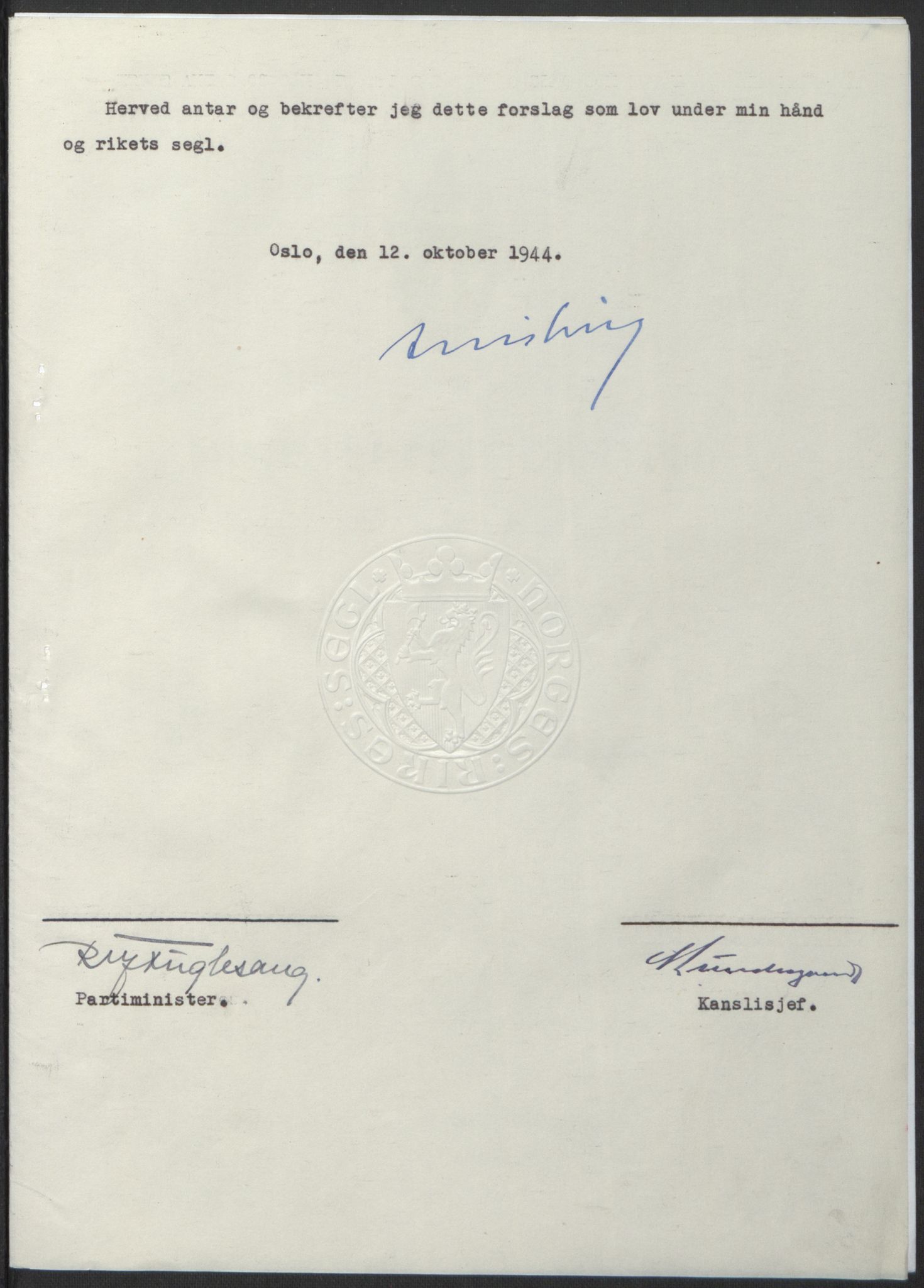 NS-administrasjonen 1940-1945 (Statsrådsekretariatet, de kommisariske statsråder mm), RA/S-4279/D/Db/L0100: Lover, 1944, s. 500