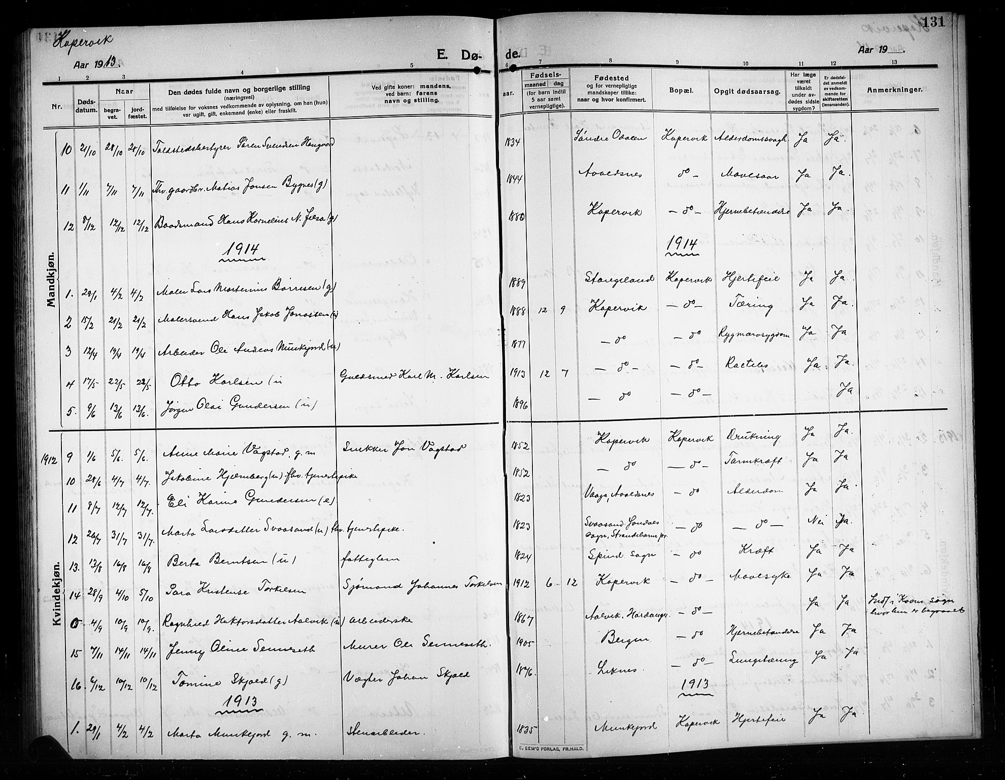 Kopervik sokneprestkontor, AV/SAST-A-101850/H/Ha/Hab/L0005: Klokkerbok nr. B 5, 1909-1918, s. 131